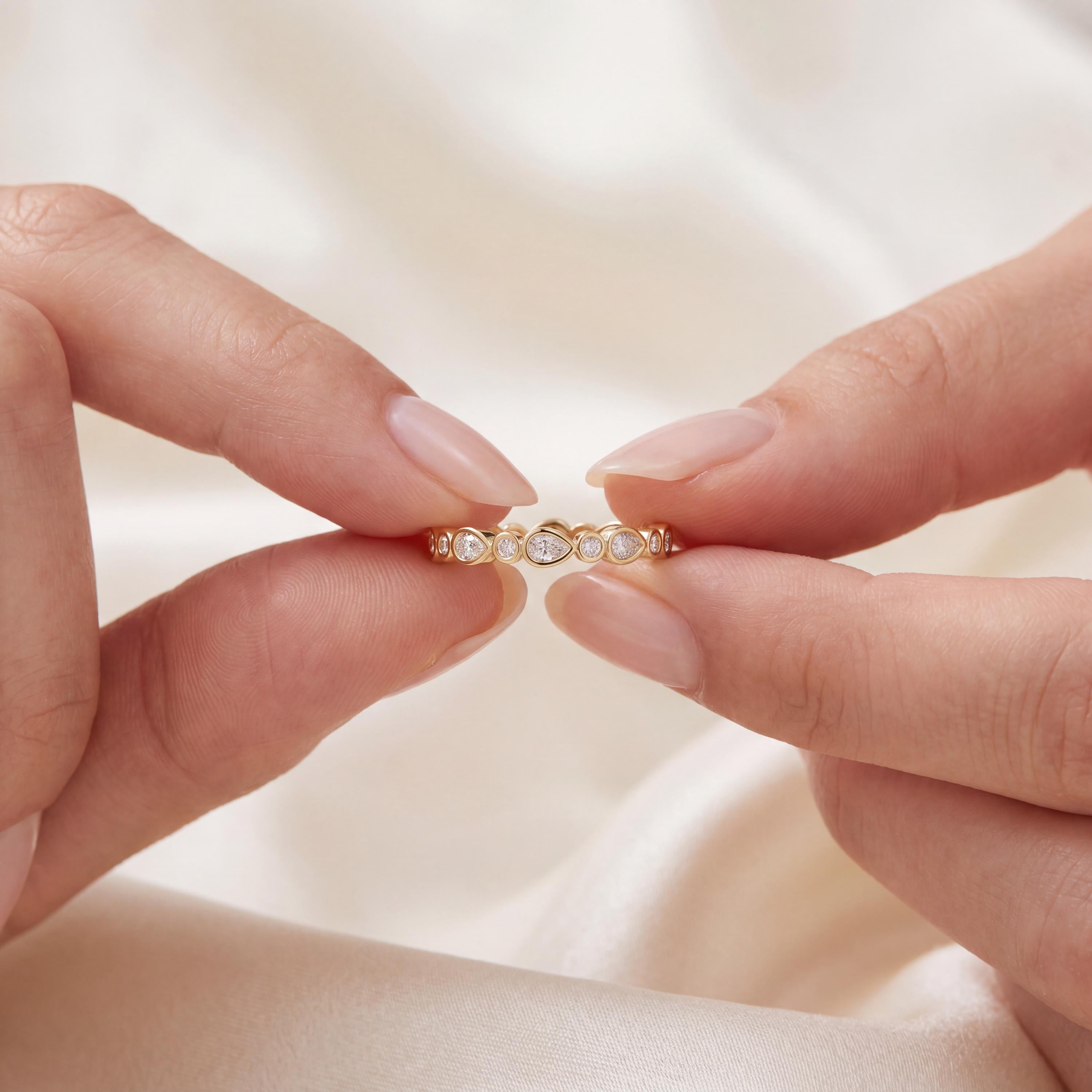 Pear & Round Cut Diamond Full Eternity Wedding Band Ring 14K Solid Gold Bezel Set