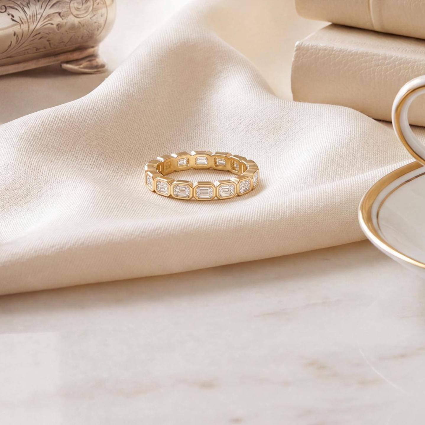 Emerald Cut Diamond Full Eternity Wedding Band Ring 14Kt Gold Bezel Set
