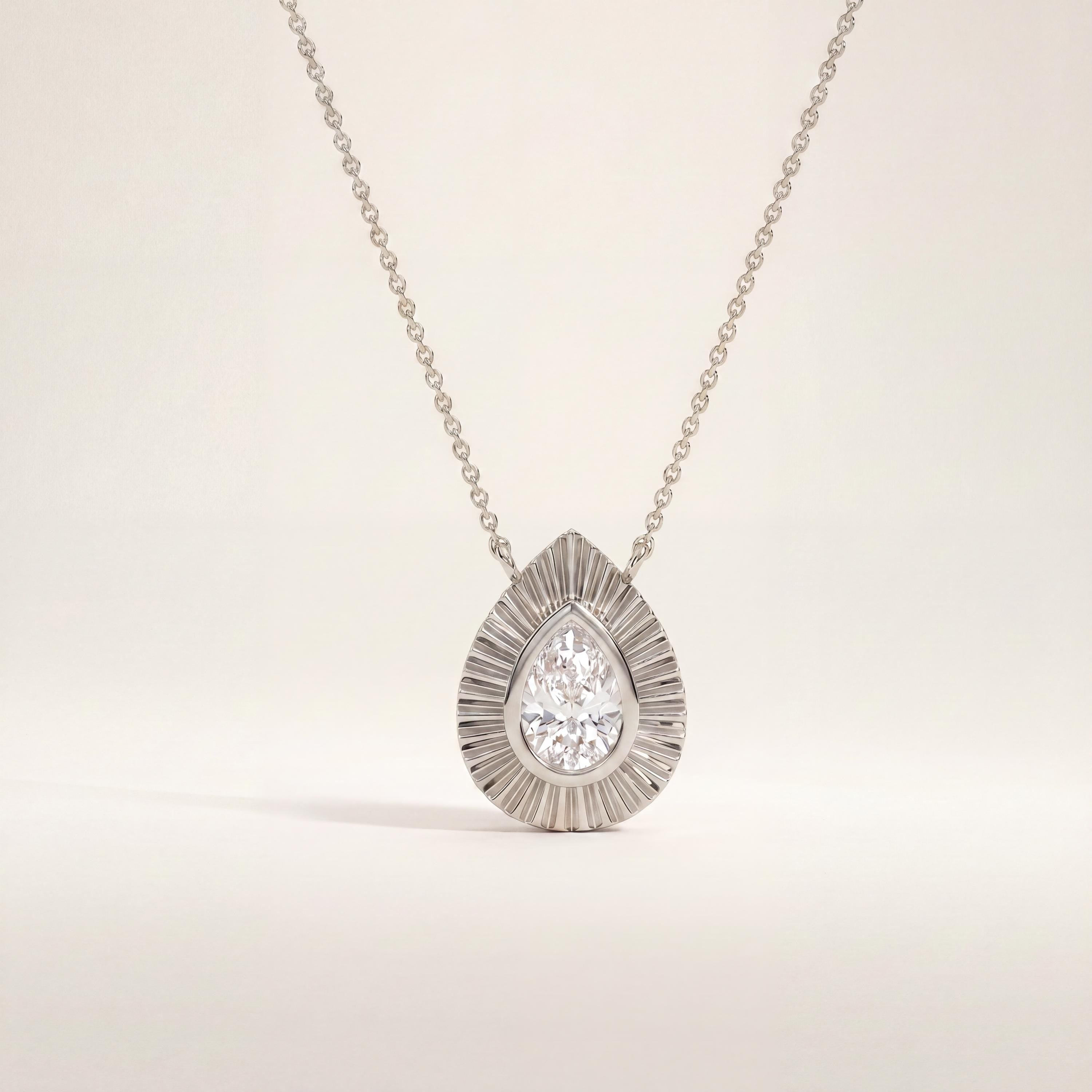Pear Shape Diamond Fluted Dainty Bezel 14K Solid Gold Pendant Necklace