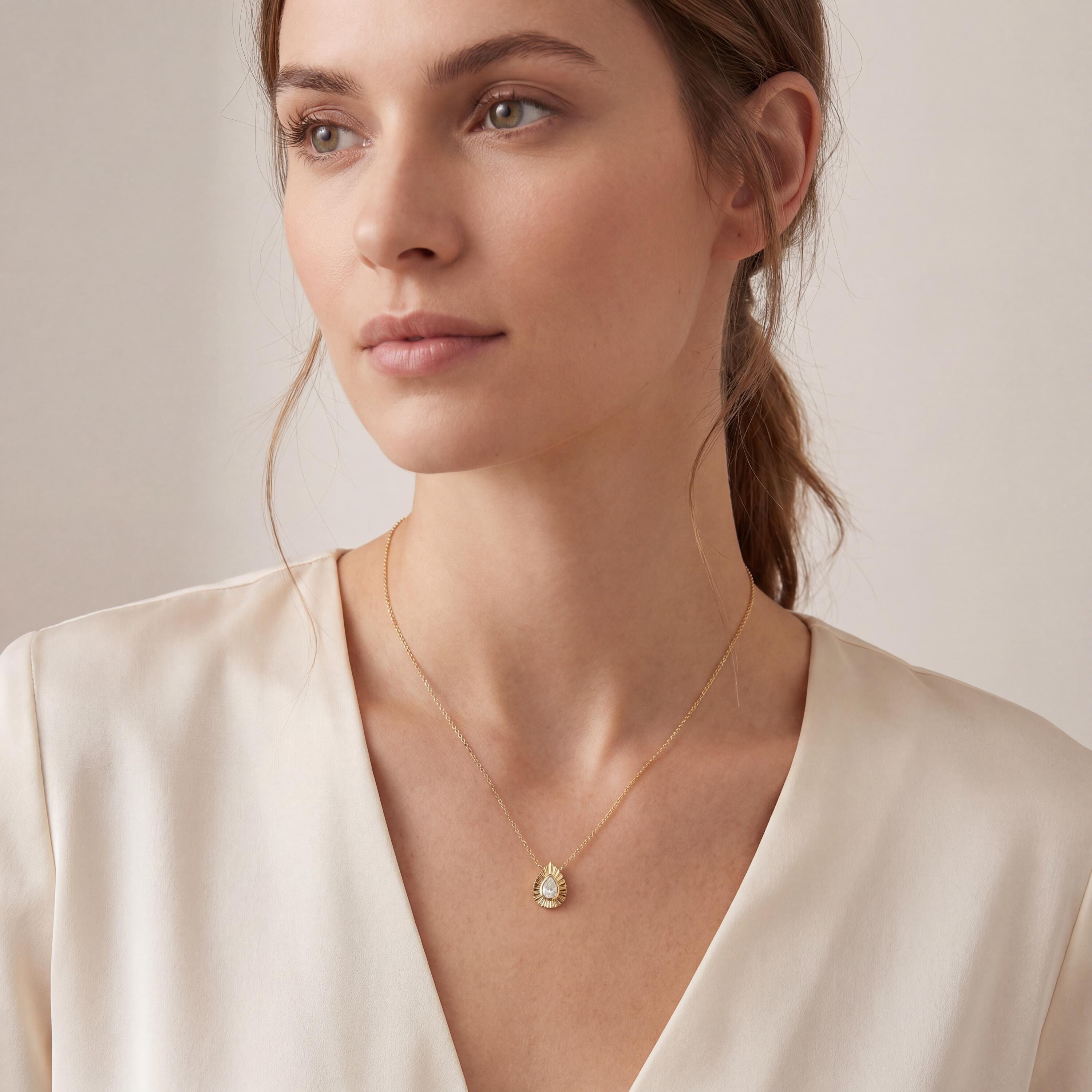 Pear Shape Diamond Fluted Dainty Bezel 14K Solid Gold Pendant Necklace