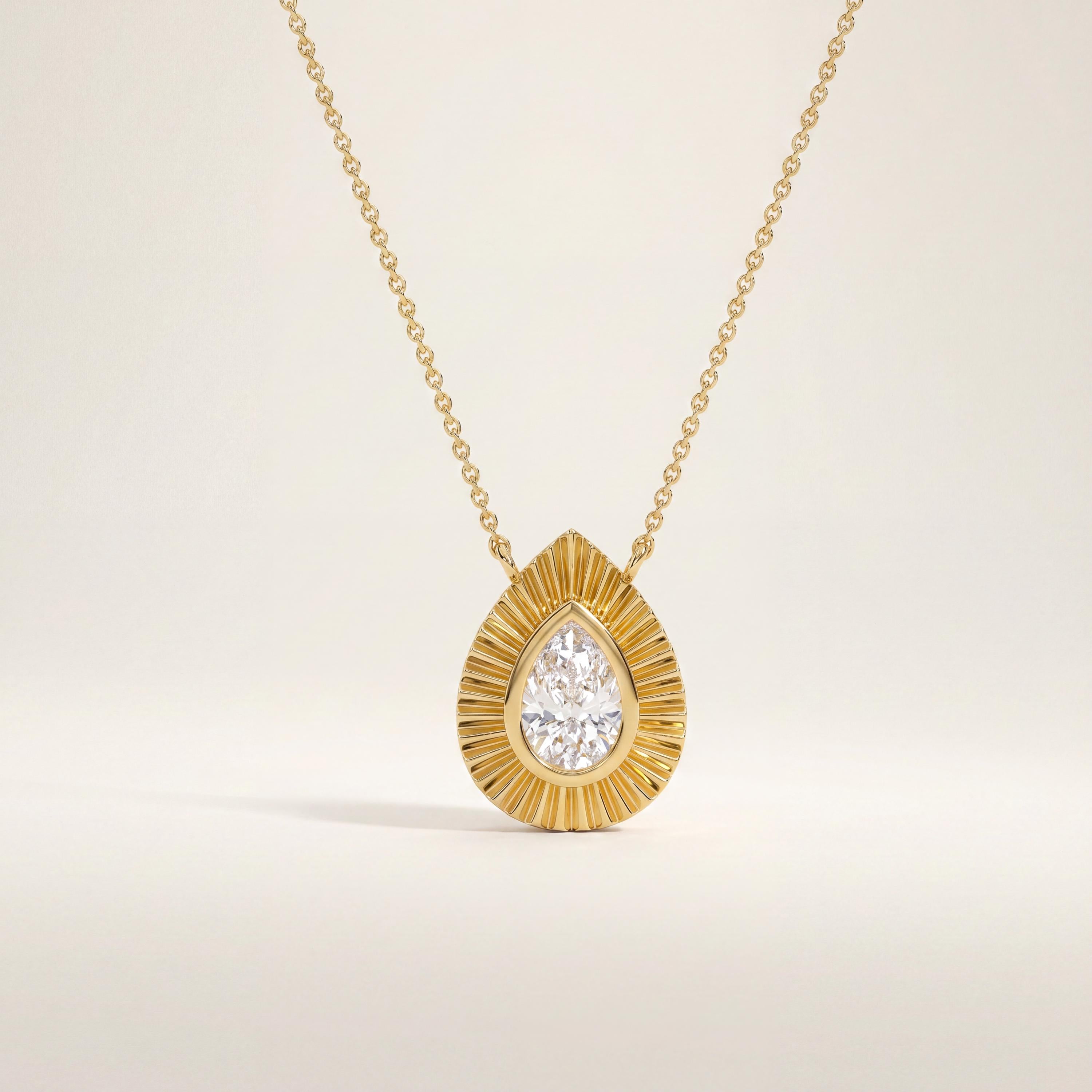 Pear Shape Diamond Fluted Dainty Bezel 14K Solid Gold Pendant Necklace