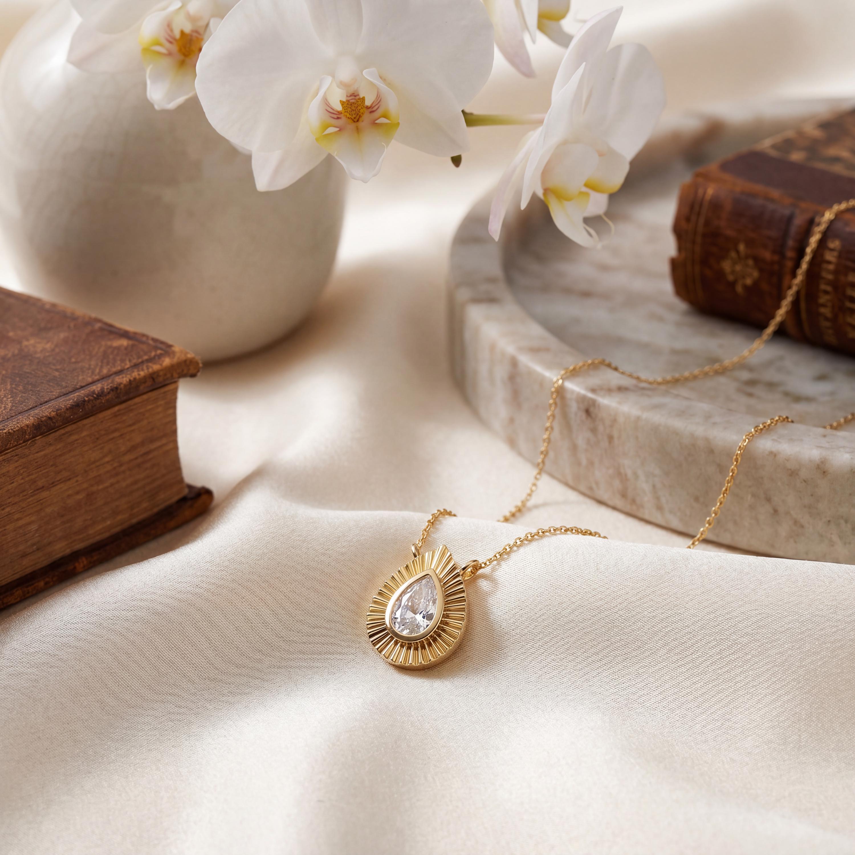 Pear Shape Diamond Fluted Dainty Bezel 14K Solid Gold Pendant Necklace