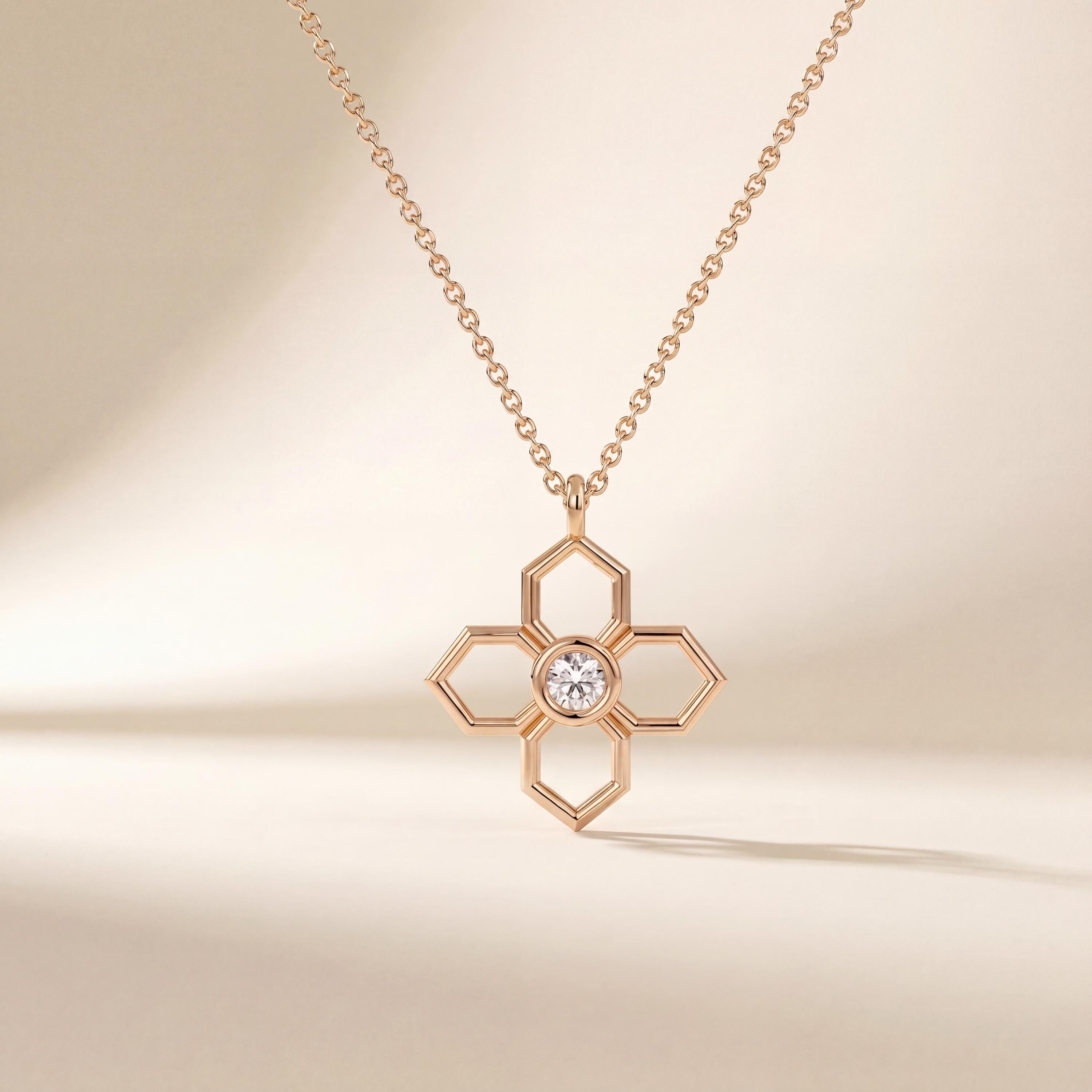 Octagon Diamond Solitaire Dainty Flower 14K Solid Gold Pendant Necklace