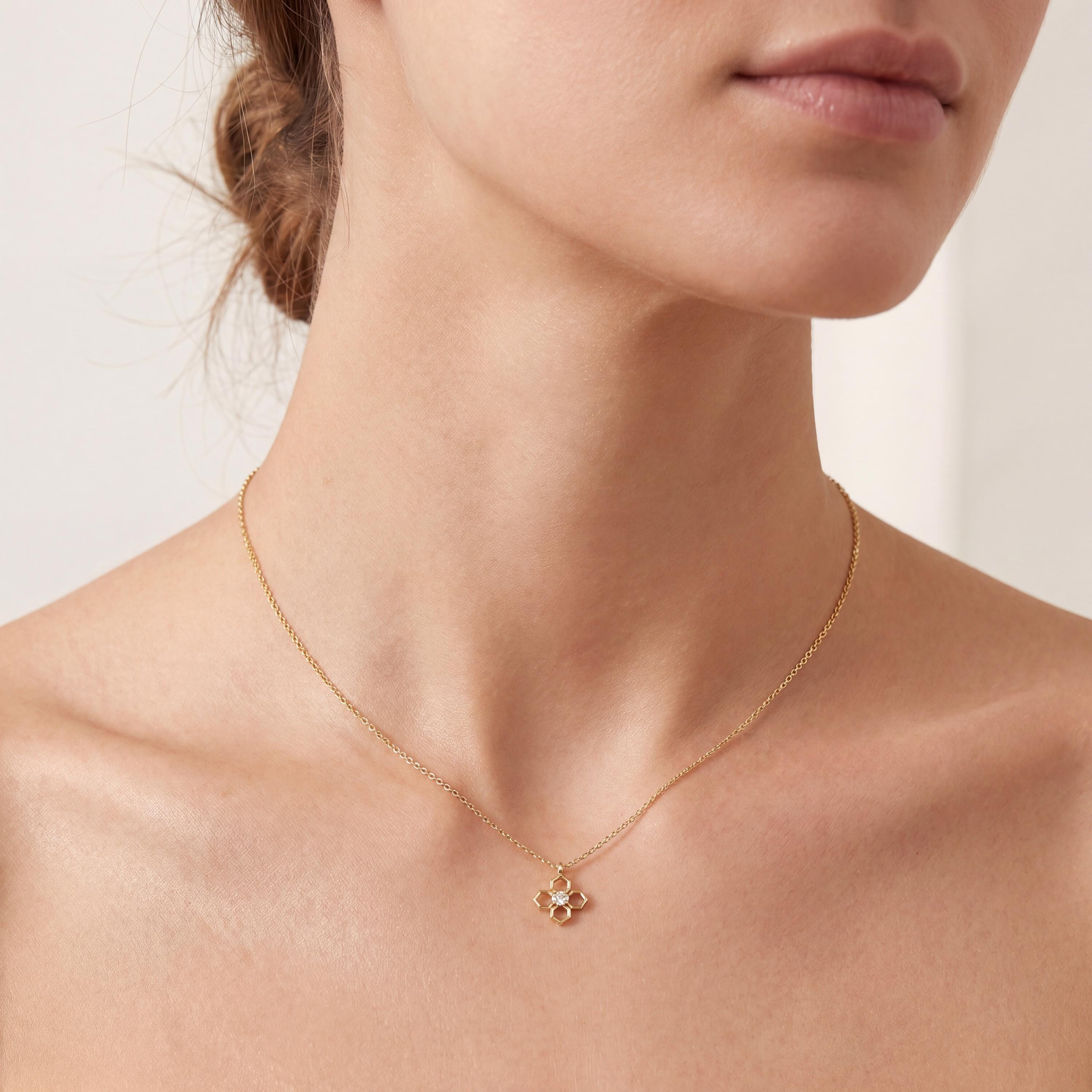 Octagon Diamond Solitaire Dainty Flower 14K Solid Gold Pendant Necklace