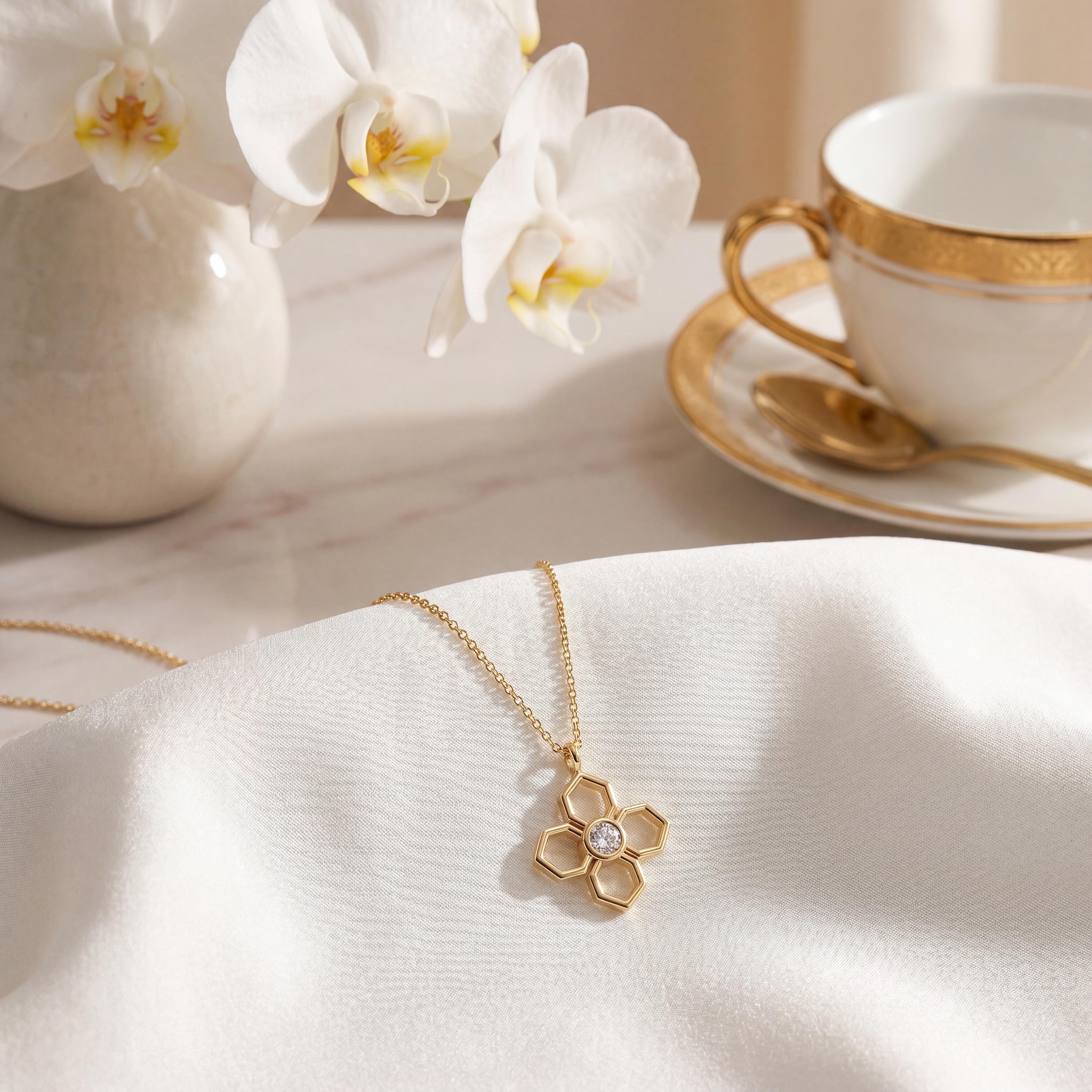 Octagon Diamond Solitaire Dainty Flower 14K Solid Gold Pendant Necklace
