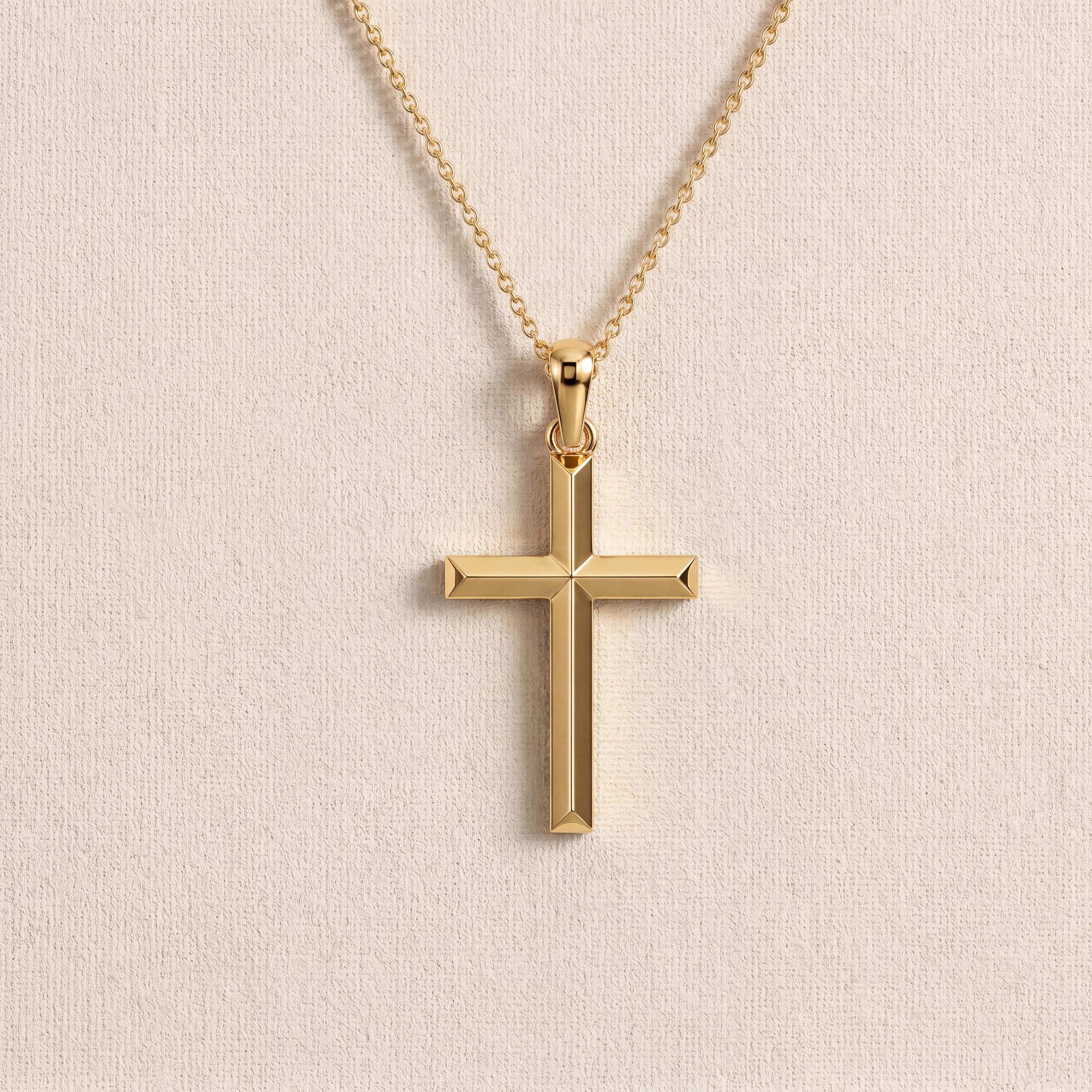 Beveled Edge Plain Cross 14K Solid Gold Pendant Necklace