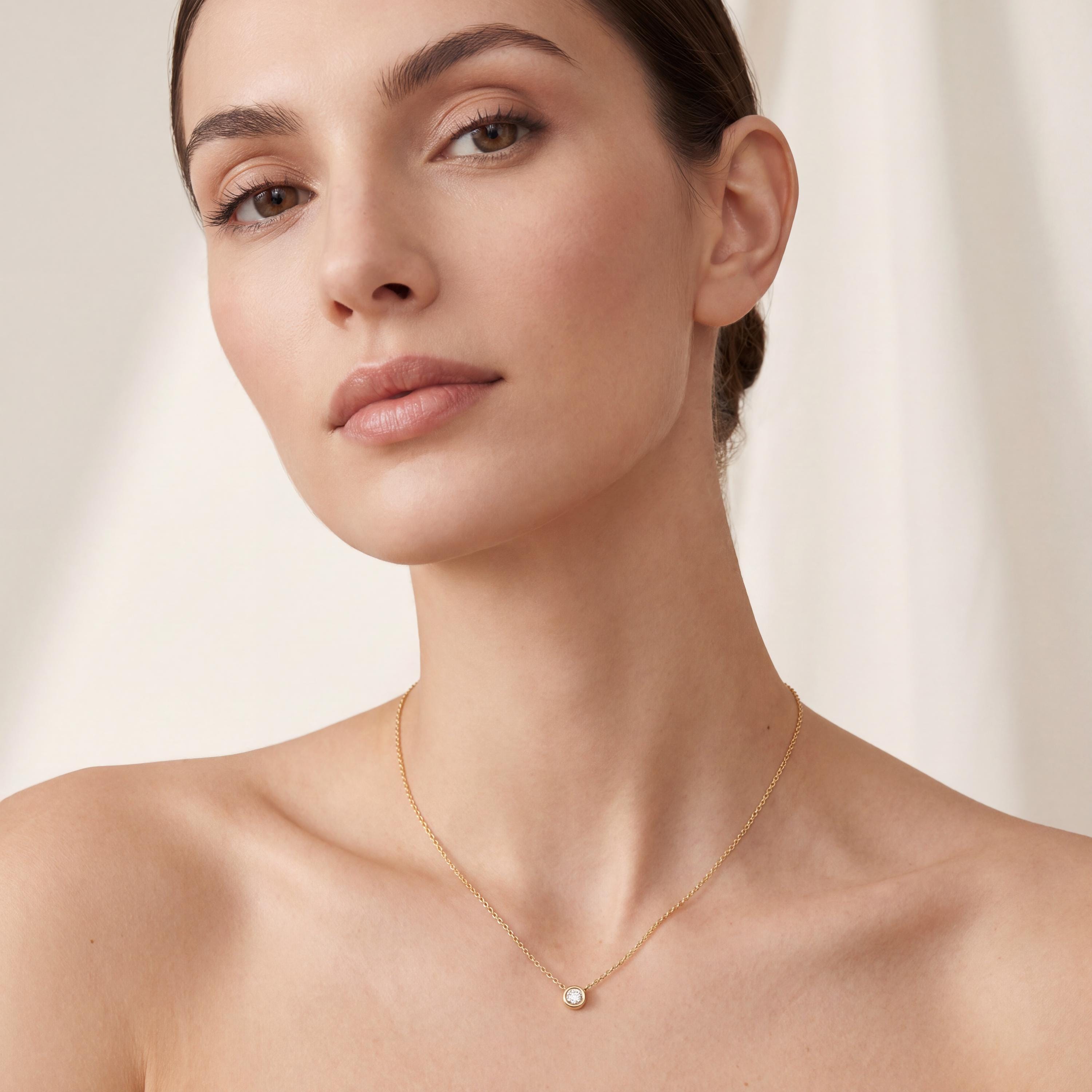 Round Diamond Bezel Set Solitaire 14K Solid Gold Pendant Necklace