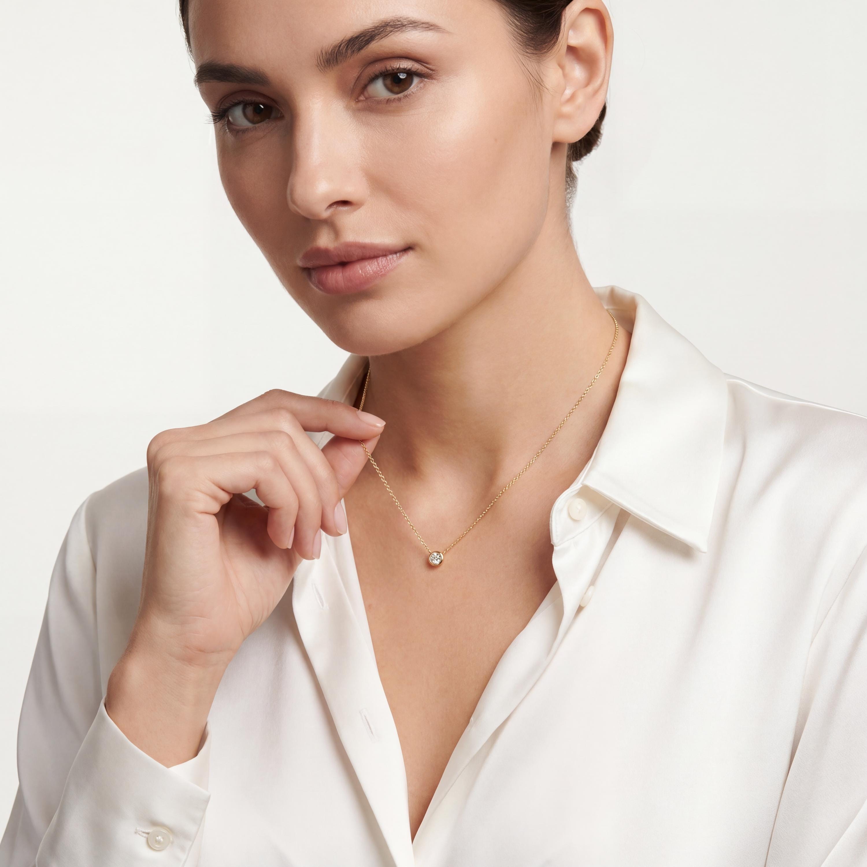 Round Diamond Bezel Set Solitaire 14K Solid Gold Pendant Necklace