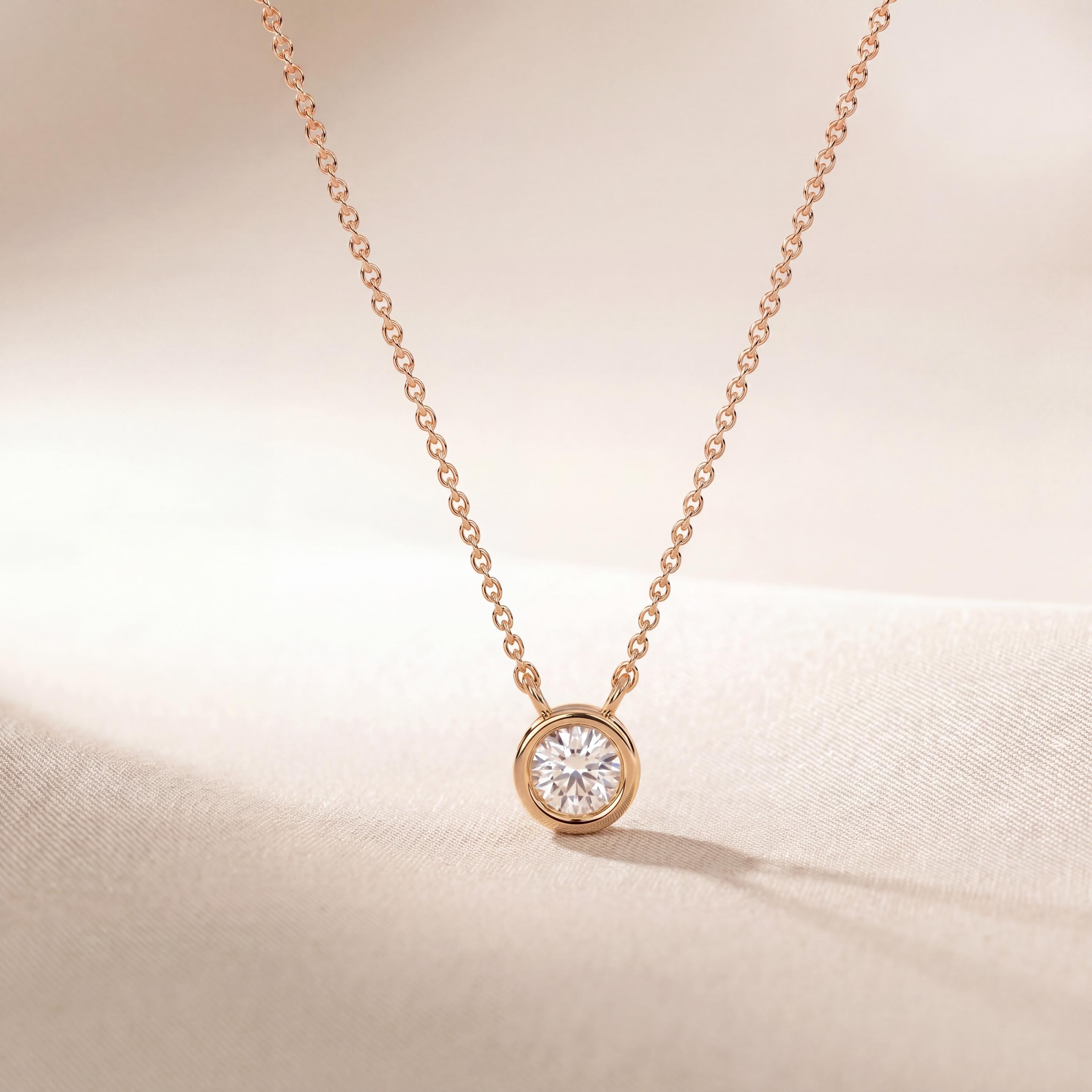 Round Diamond Bezel Set Solitaire 14K Solid Gold Pendant Necklace