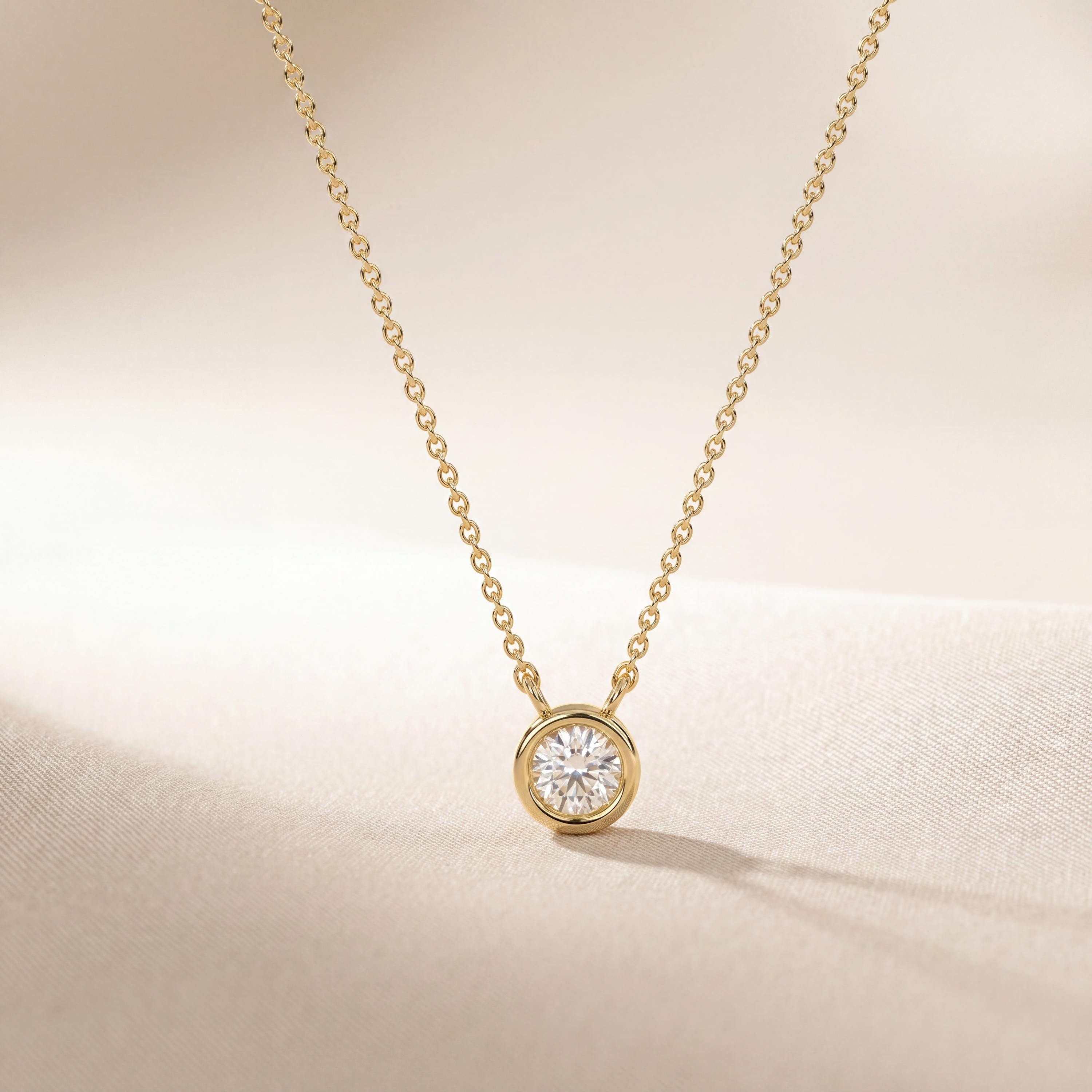Round Diamond Bezel Set Solitaire 14K Solid Gold Pendant Necklace
