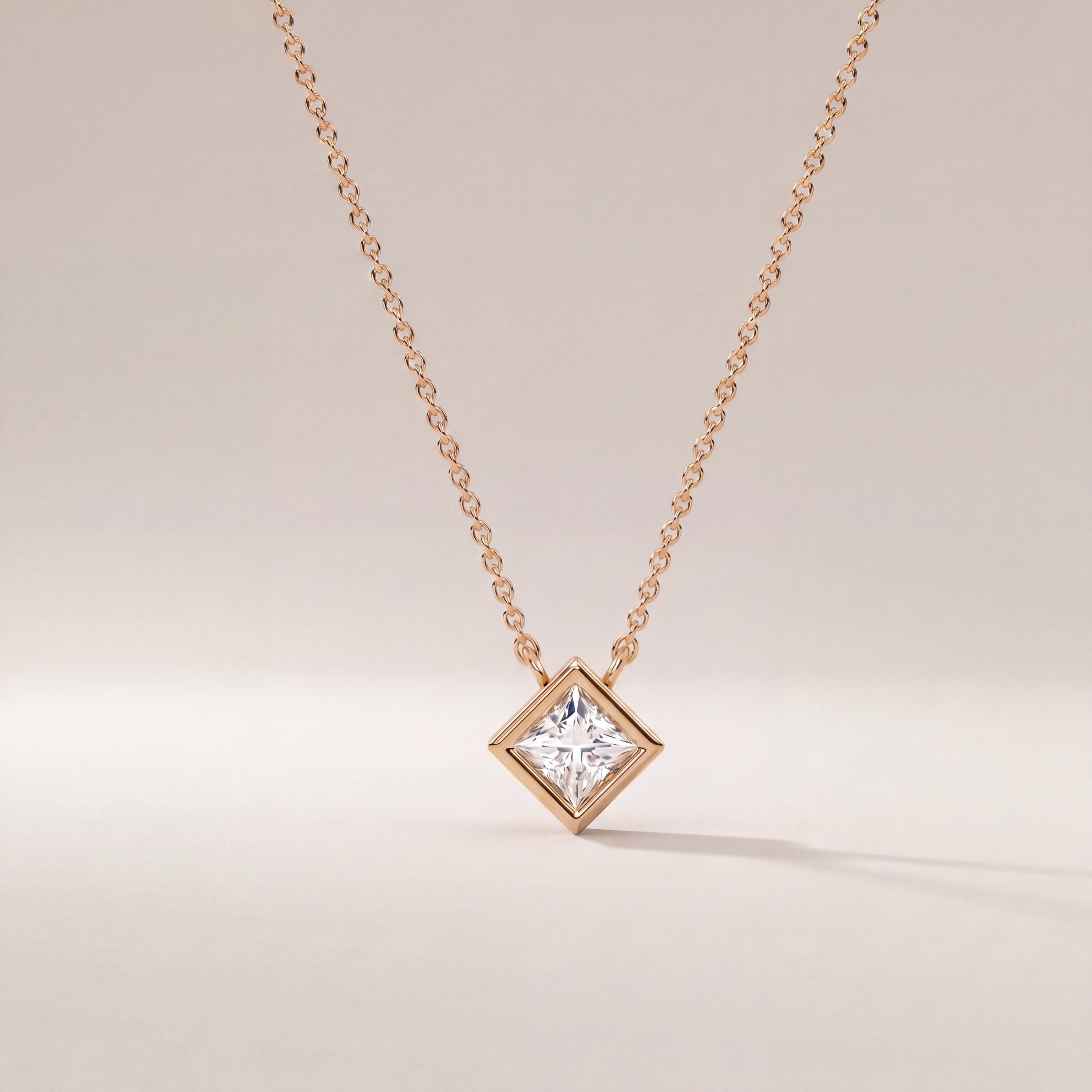 Princess Cut Diamond Bezel Set Solitaire 14K Solid Gold Pendant Necklace
