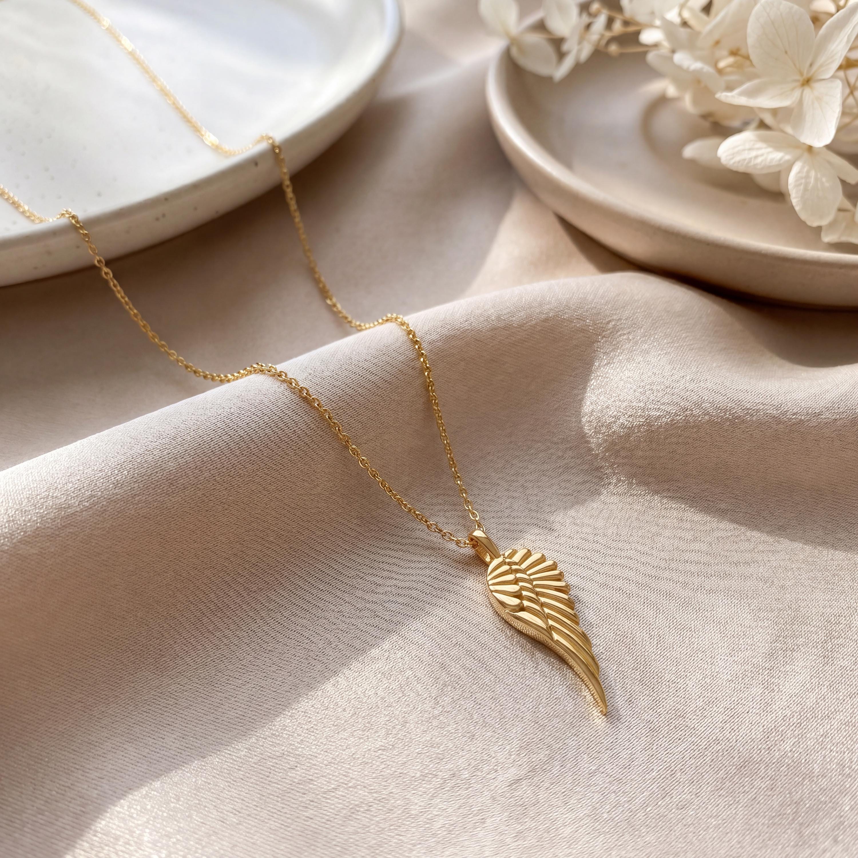 Dainty Angel Wing 14K Solid Gold Pendant Necklace