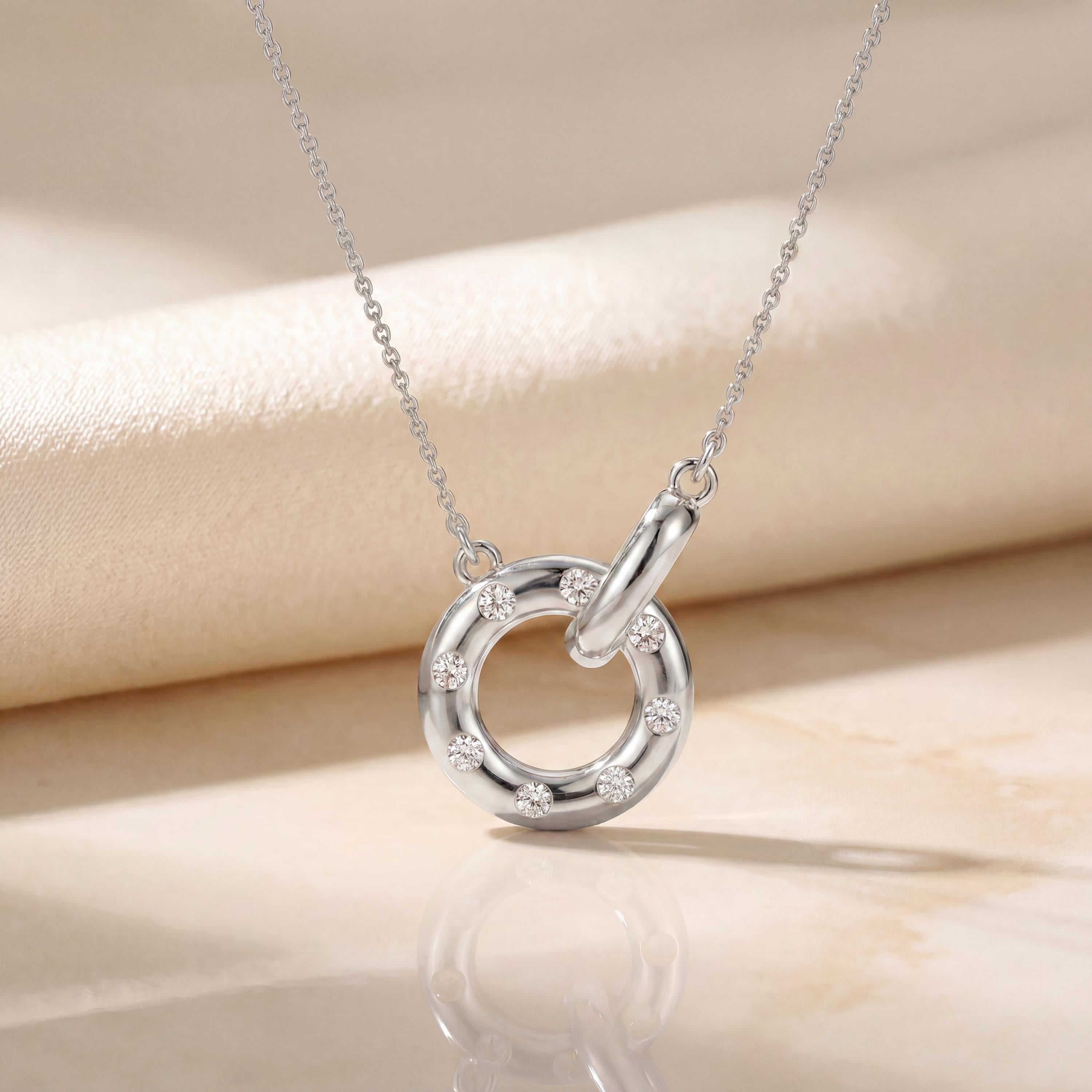 Round Diamond Open Interlocking Circle Dainty 14K Solid Gold Pendant Necklace
