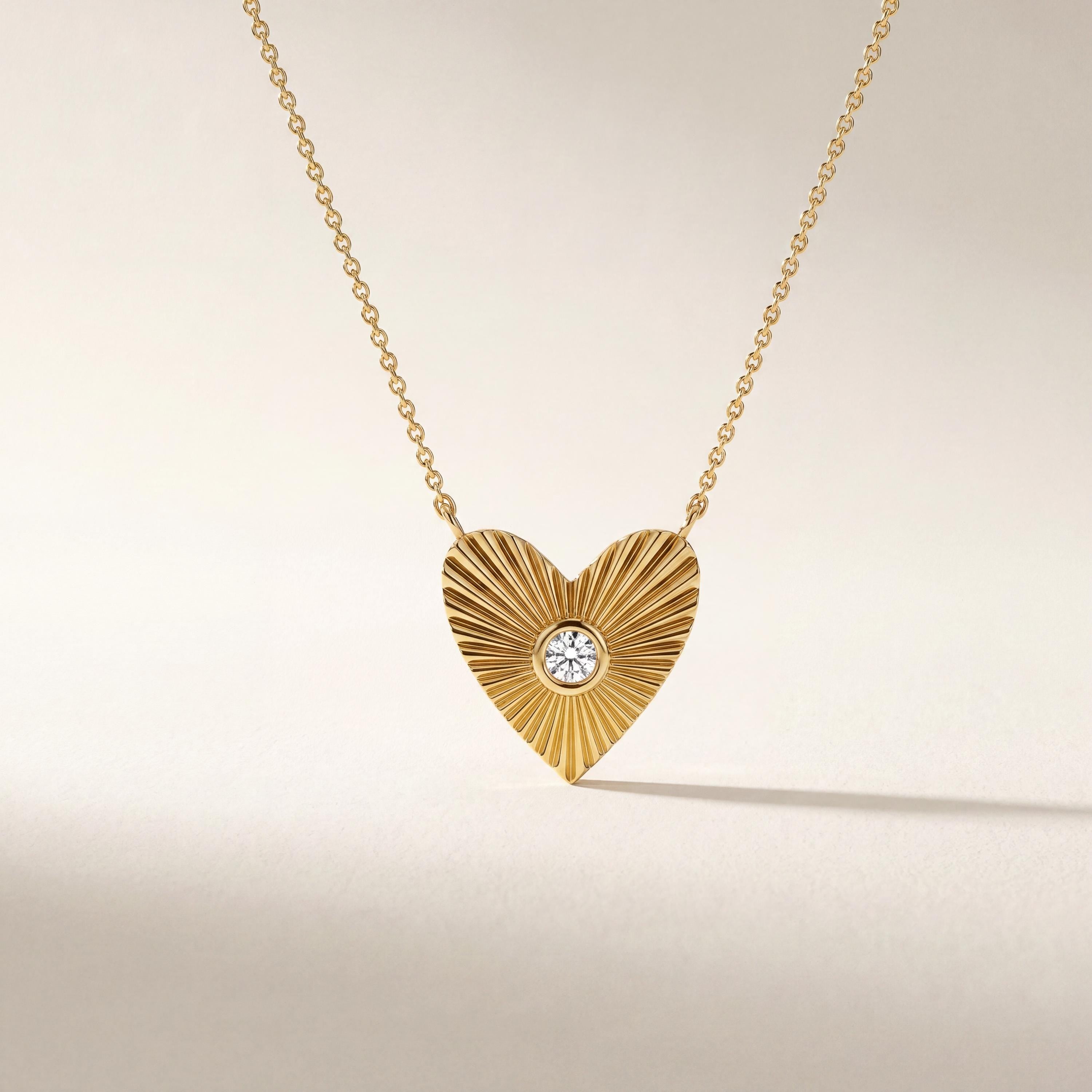 Diamond Fluted Heart Shape Dainty Sun Burst 14K Solid Gold Pendant Necklace