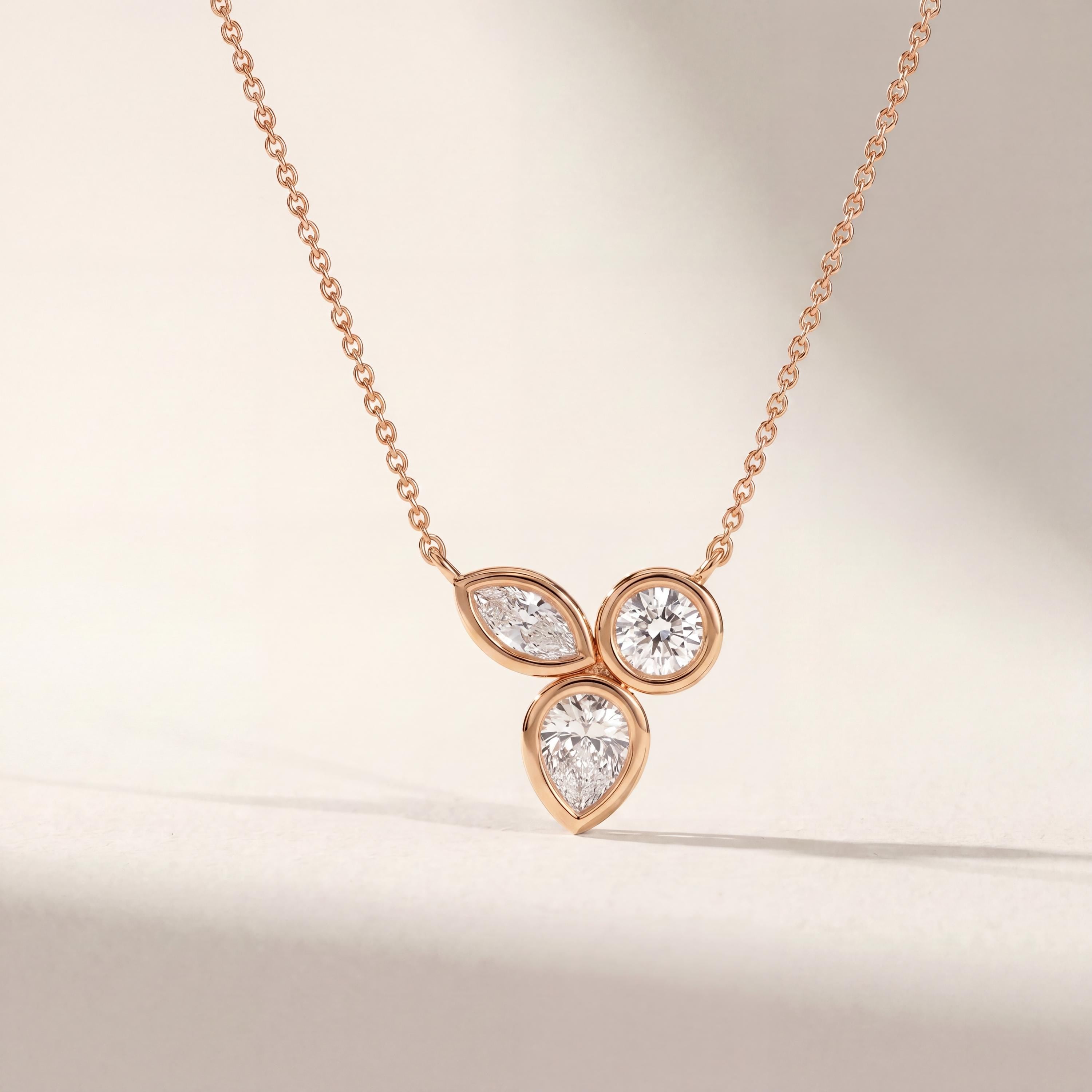 Marquise Pear & Round Three Stone Dainty Necklace 14K Solid Gold Pendant