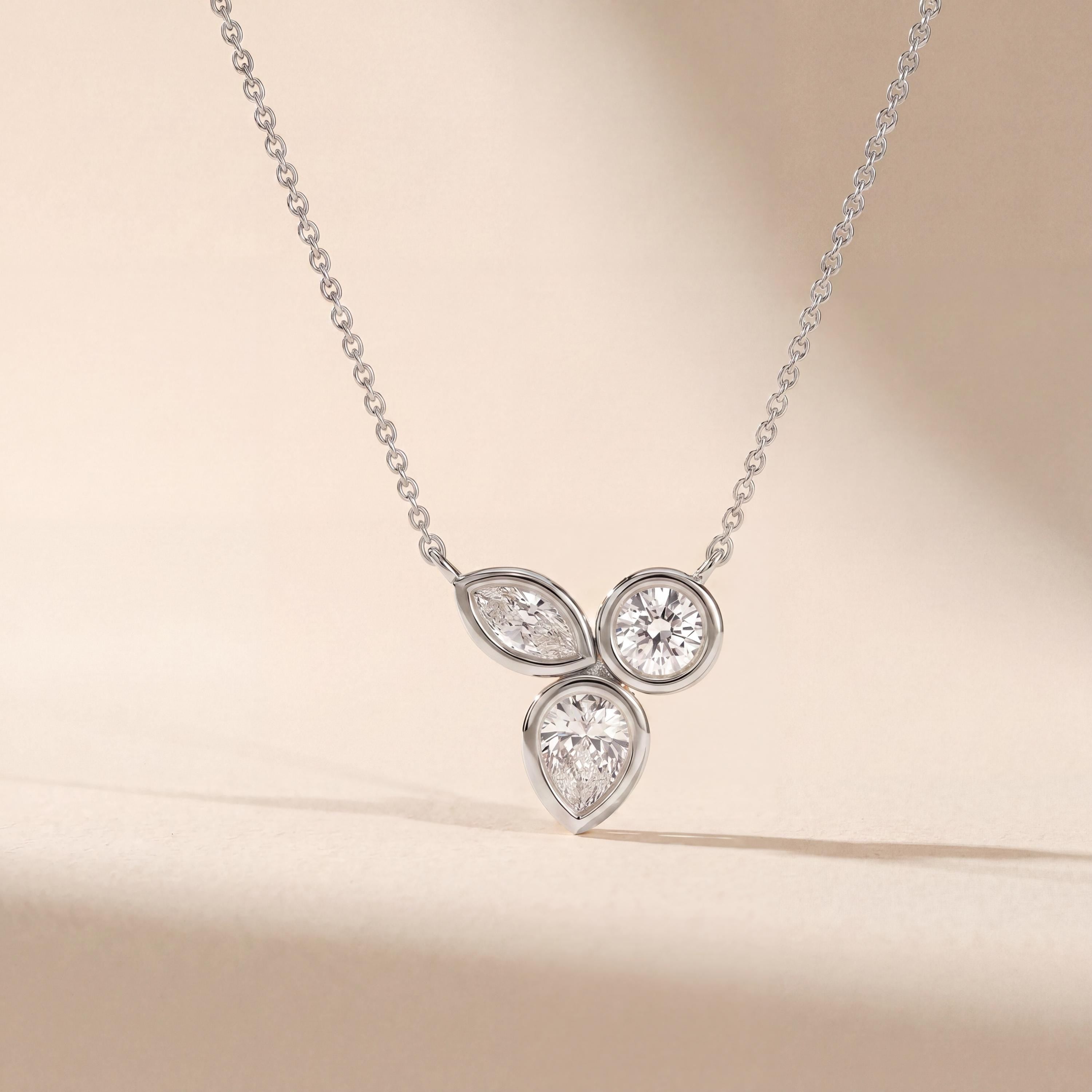 Marquise Pear & Round Three Stone Dainty Necklace 14K Solid Gold Pendant