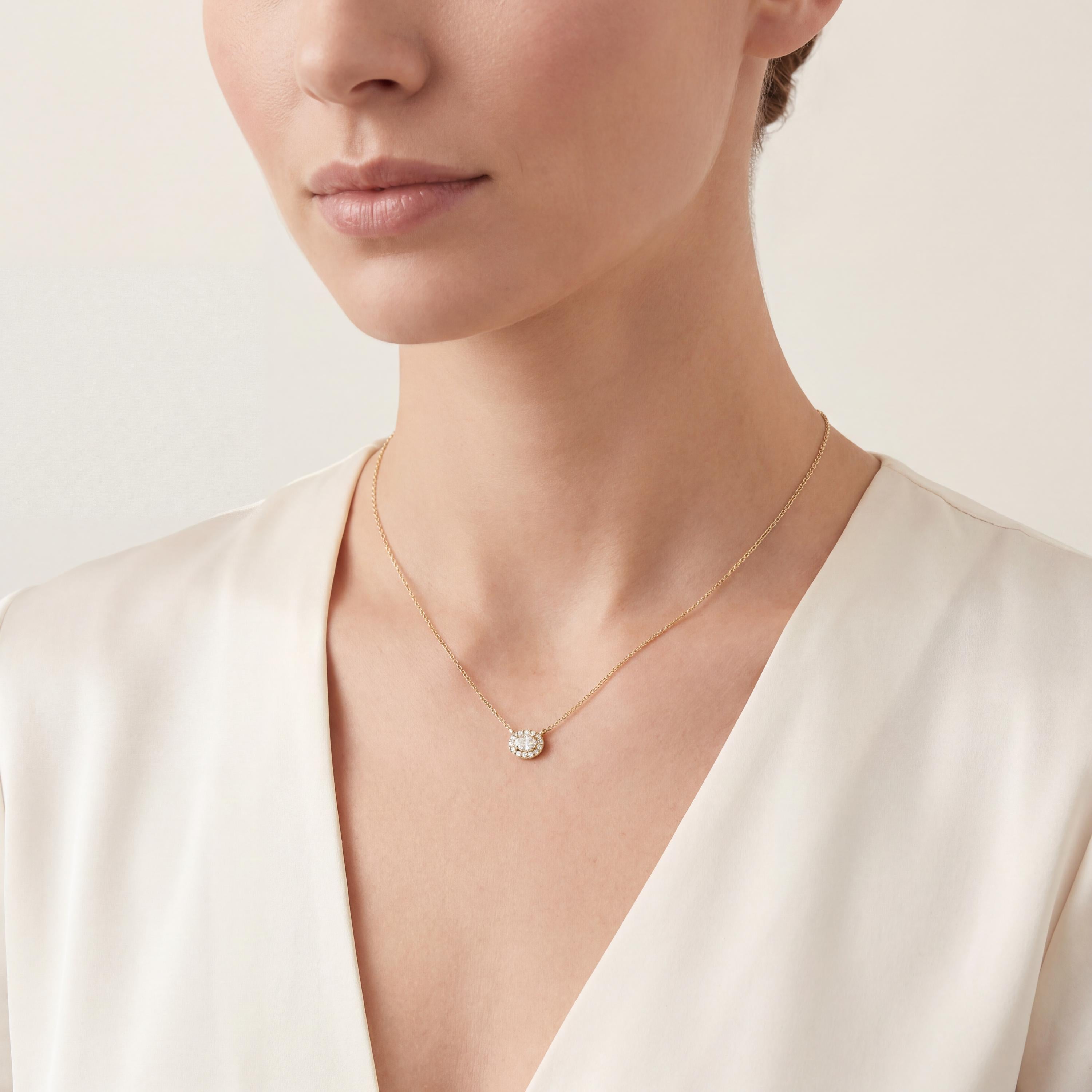 Oval Diamond Halo Dainty 14K Solid Gold Pendant Necklace