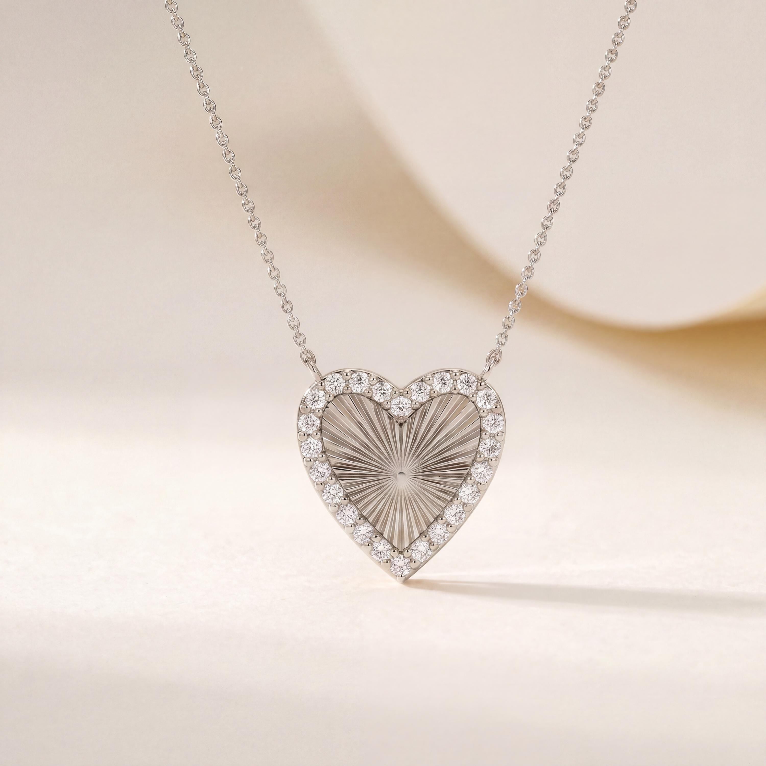 Diamond Fluted Dainty Sunburst Heart 14K Solid Gold Pendant Necklace