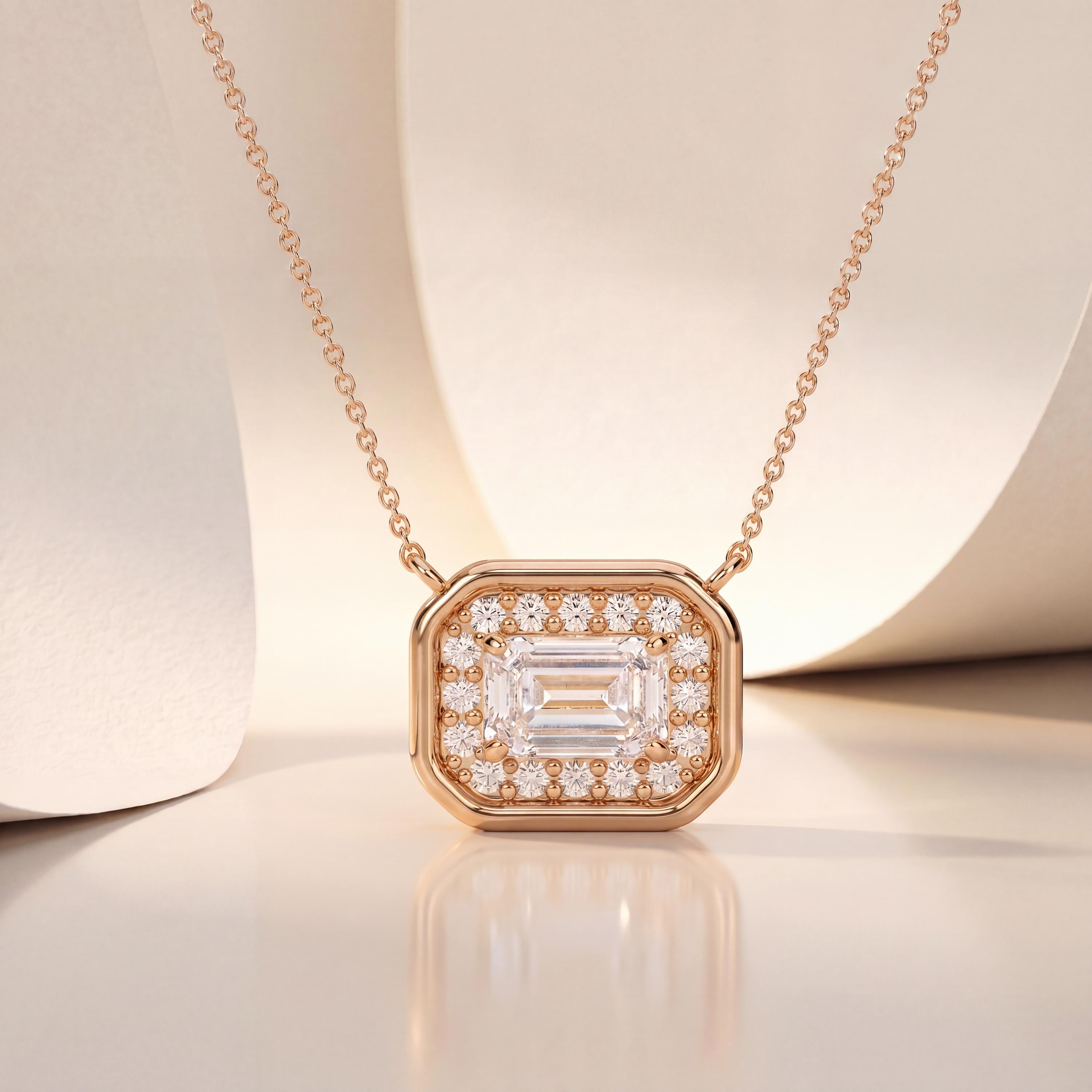 Emerald Cut Diamond Halo Dainty Bezel 14K Solid Gold Pendant Necklace