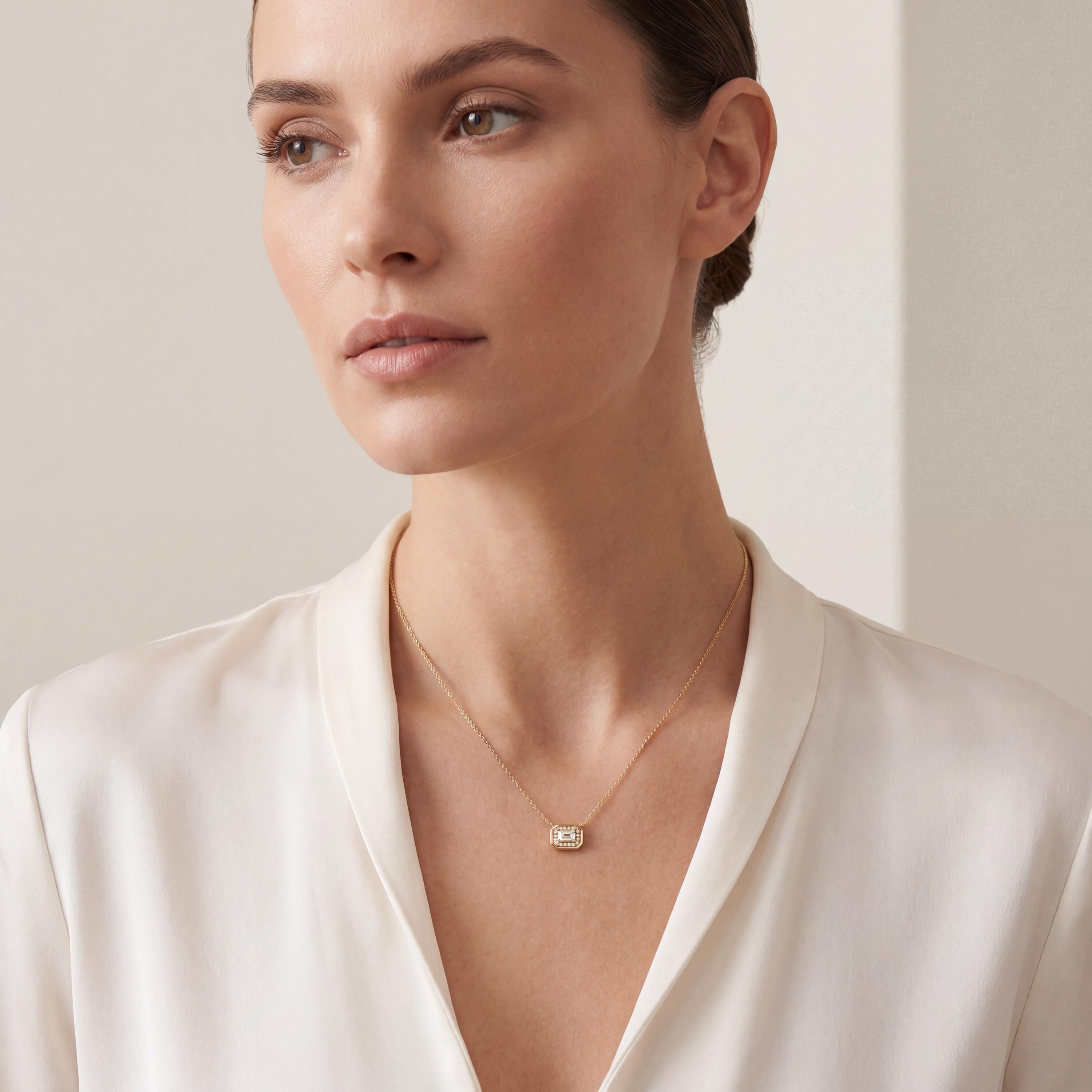 Emerald Cut Diamond Halo Dainty Bezel 14K Solid Gold Pendant Necklace