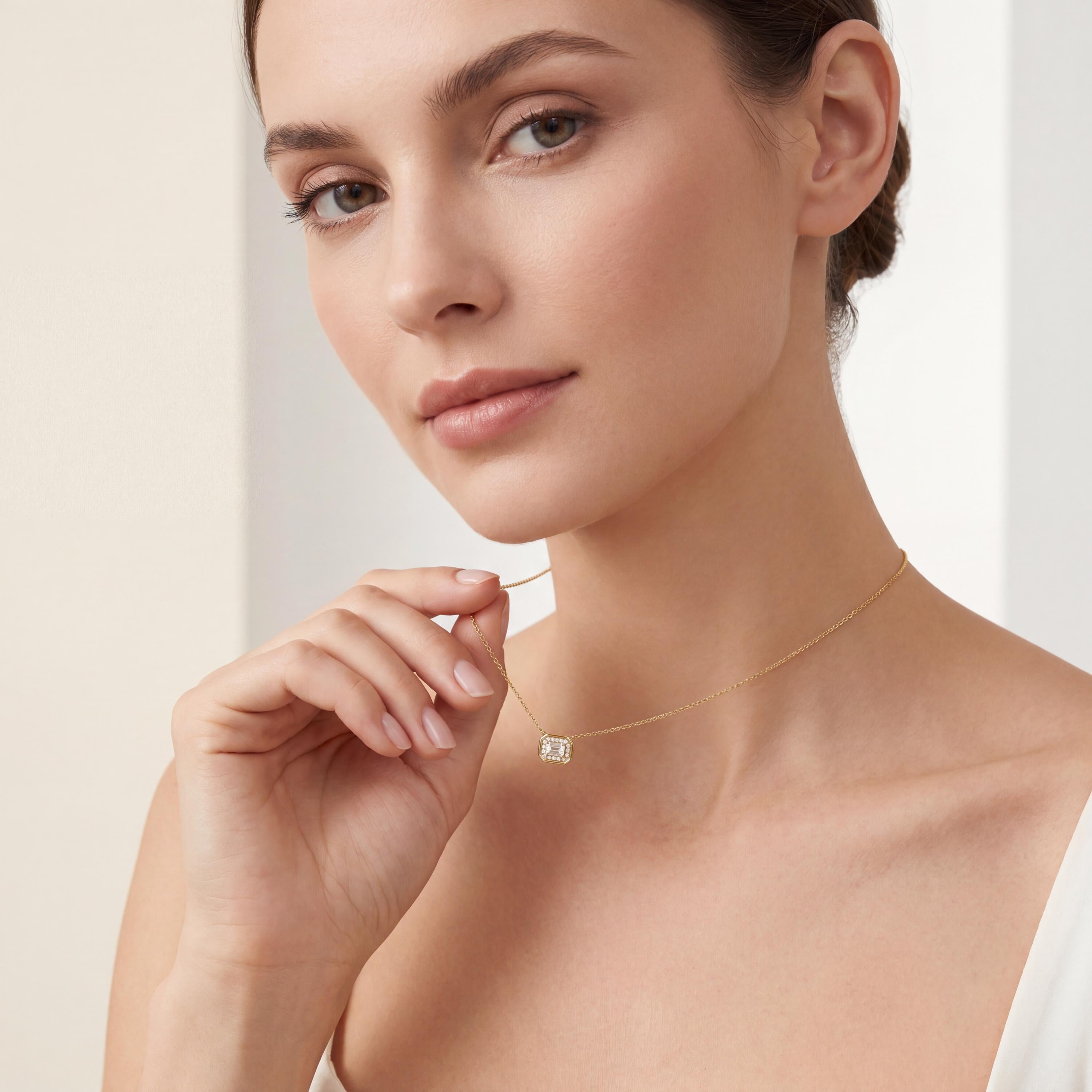 Emerald Cut Diamond Halo Dainty Bezel 14K Solid Gold Pendant Necklace