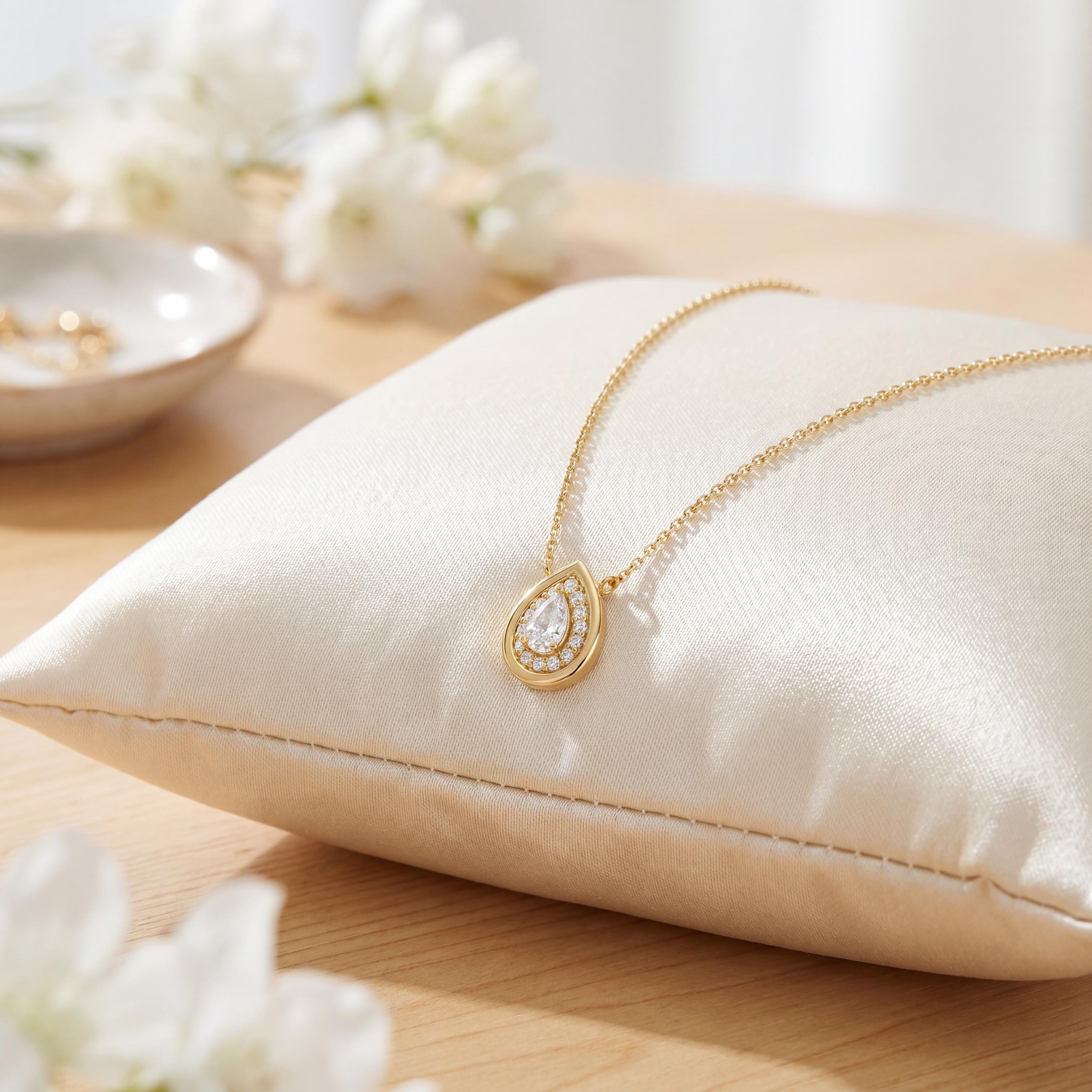 Pear Shape Diamond Halo Dainty Bezel 14K Solid Gold Pendant Necklace