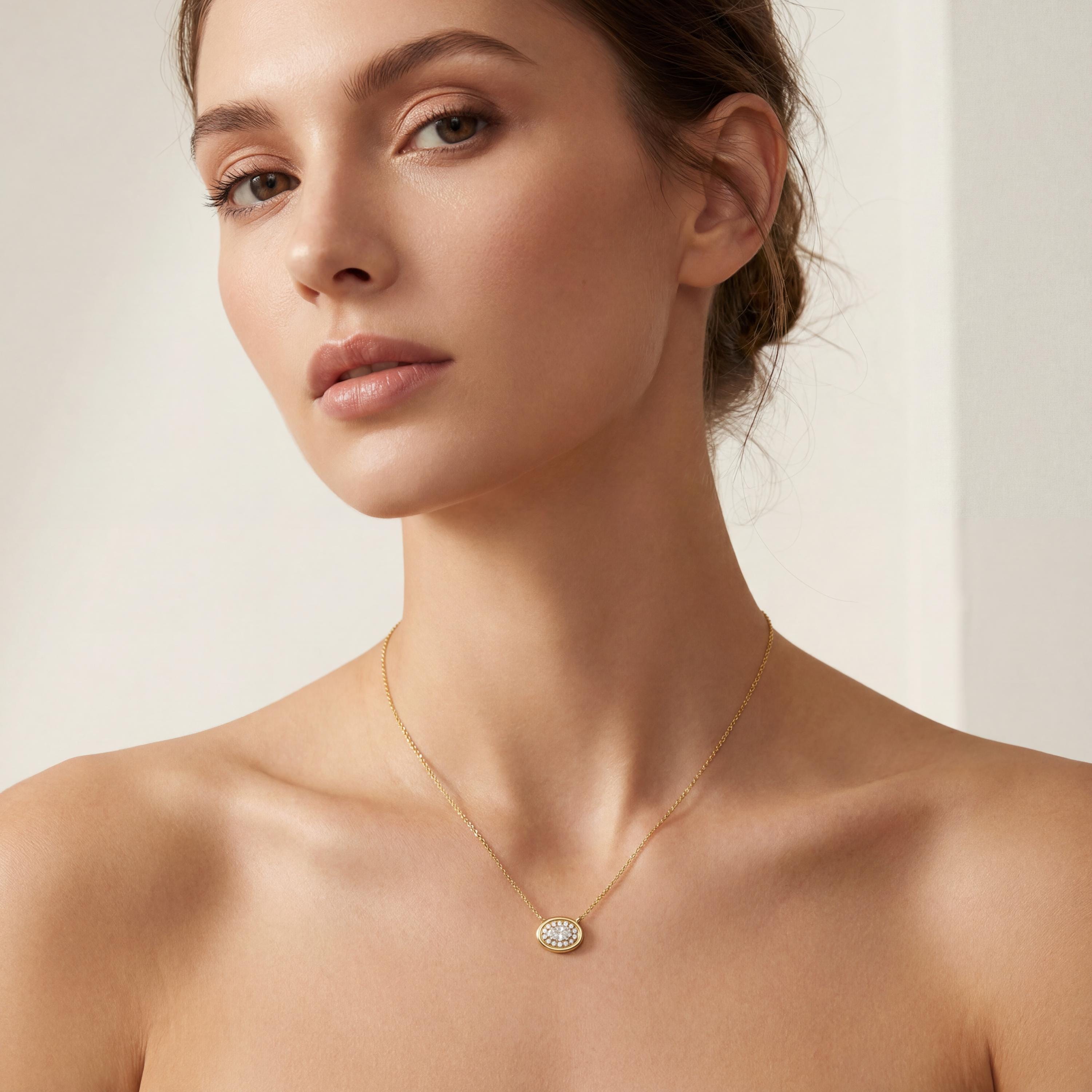 Oval Diamond Halo Dainty Bezel 14K Solid Gold Pendant Necklace