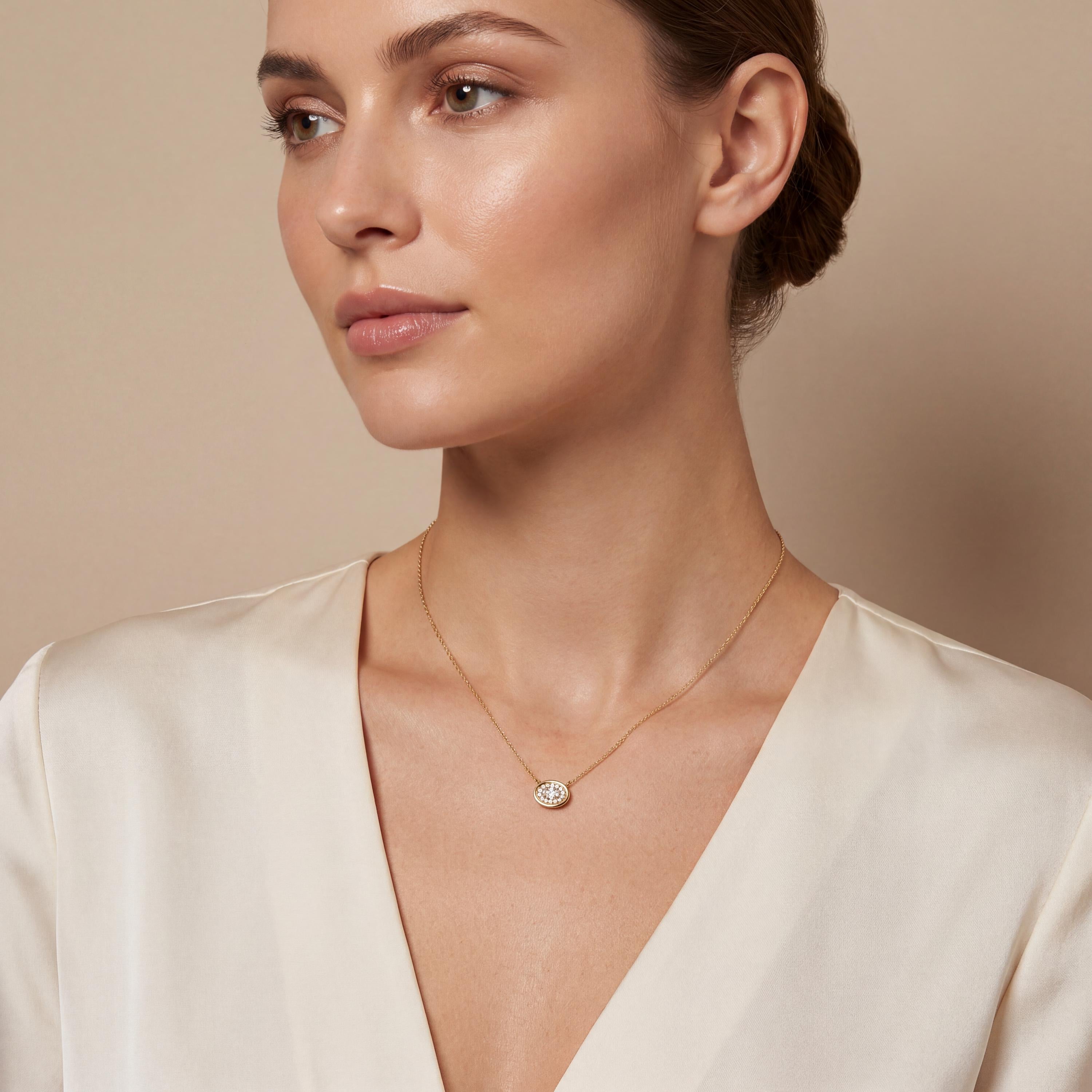 Oval Diamond Halo Dainty Bezel 14K Solid Gold Pendant Necklace