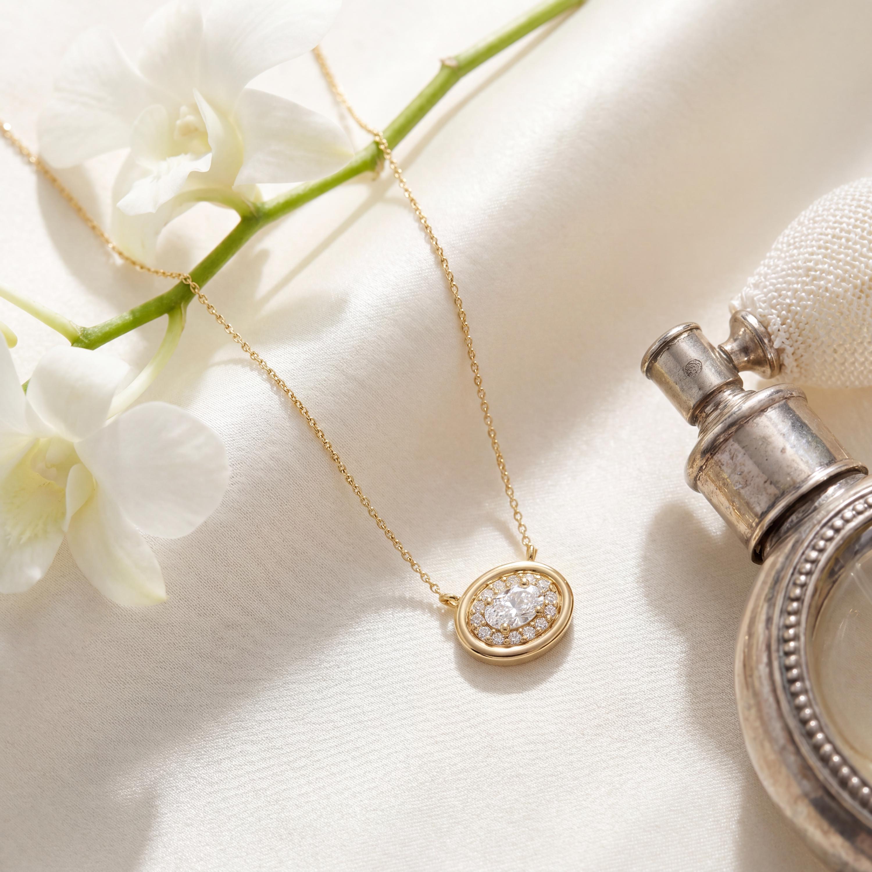 Oval Diamond Halo Dainty Bezel 14K Solid Gold Pendant Necklace