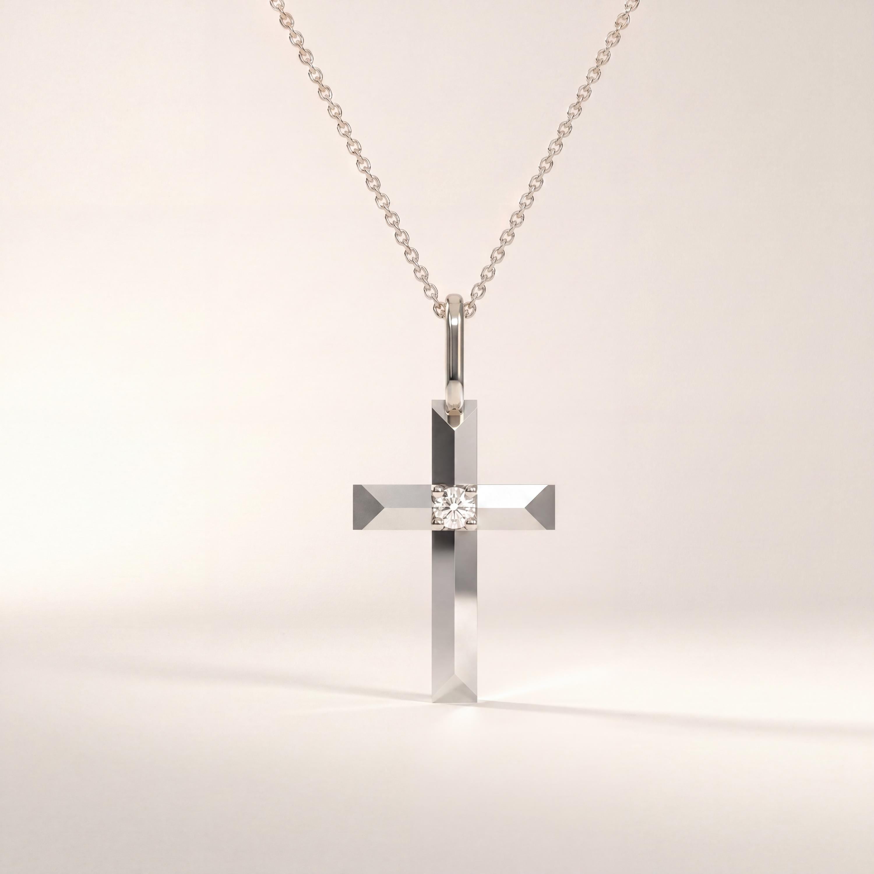 Round Diamond Solitaire Prong Set Cross 14K Solid Gold Pendant Necklace