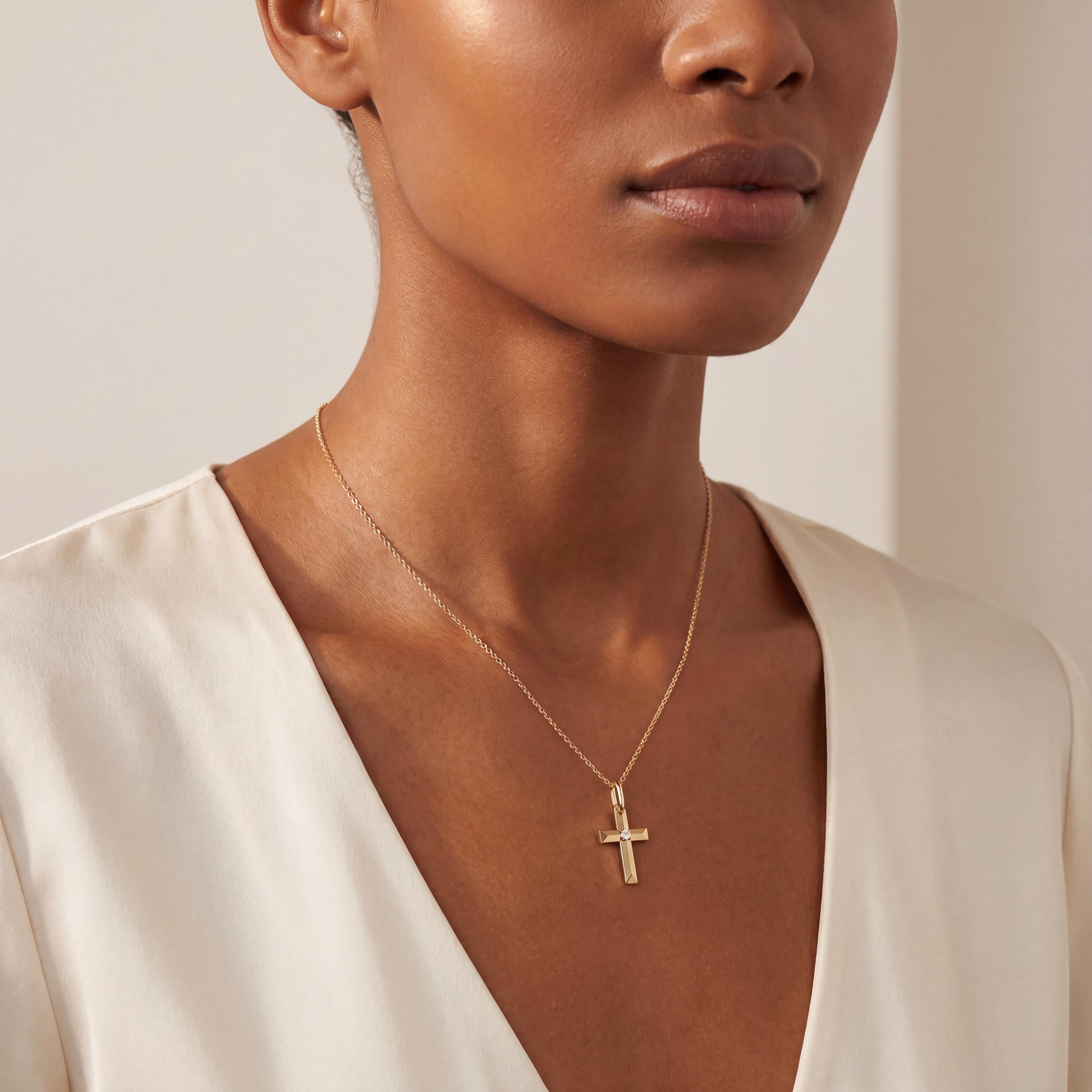 Round Diamond Solitaire Prong Set Cross 14K Solid Gold Pendant Necklace