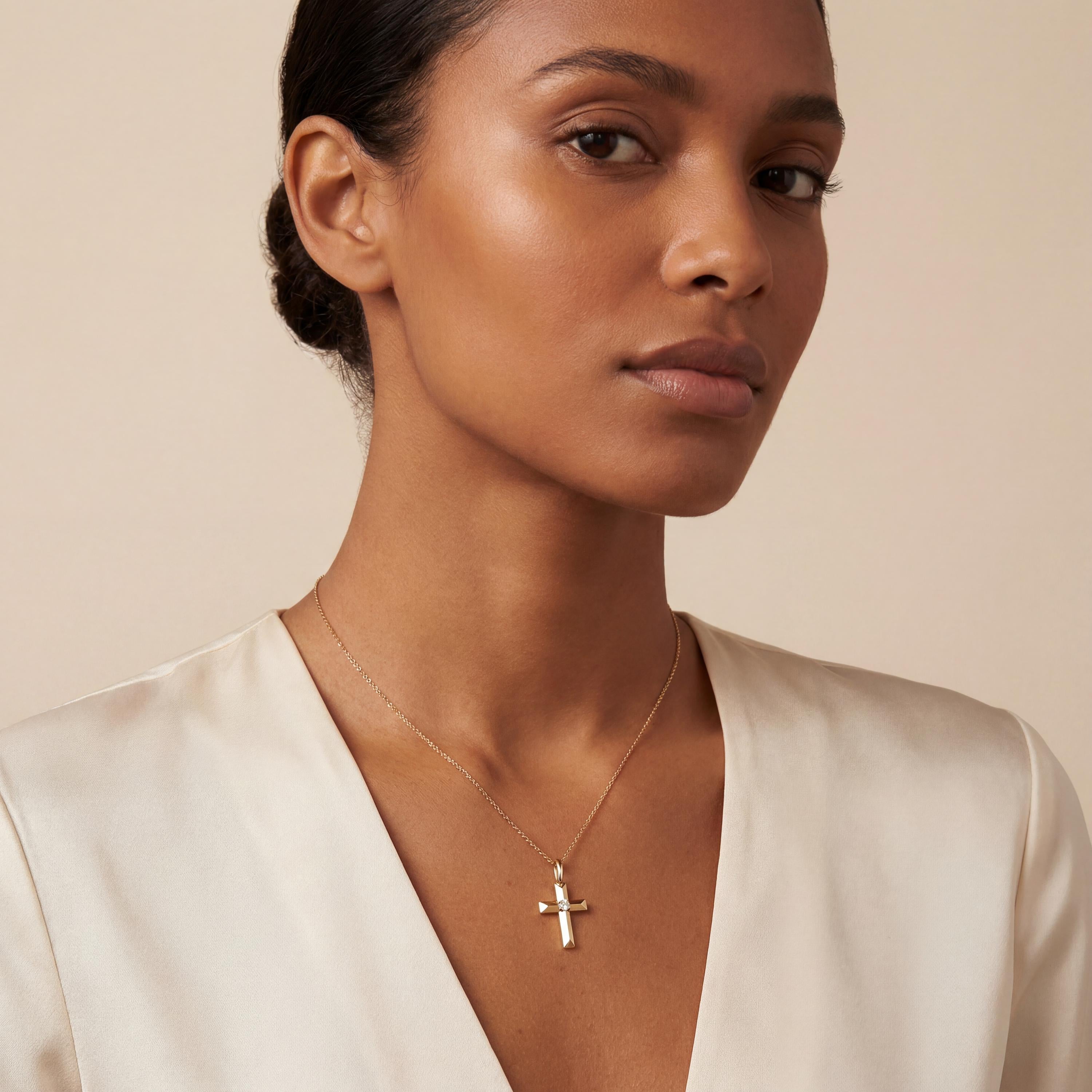 Round Diamond Solitaire Prong Set Cross 14K Solid Gold Pendant Necklace