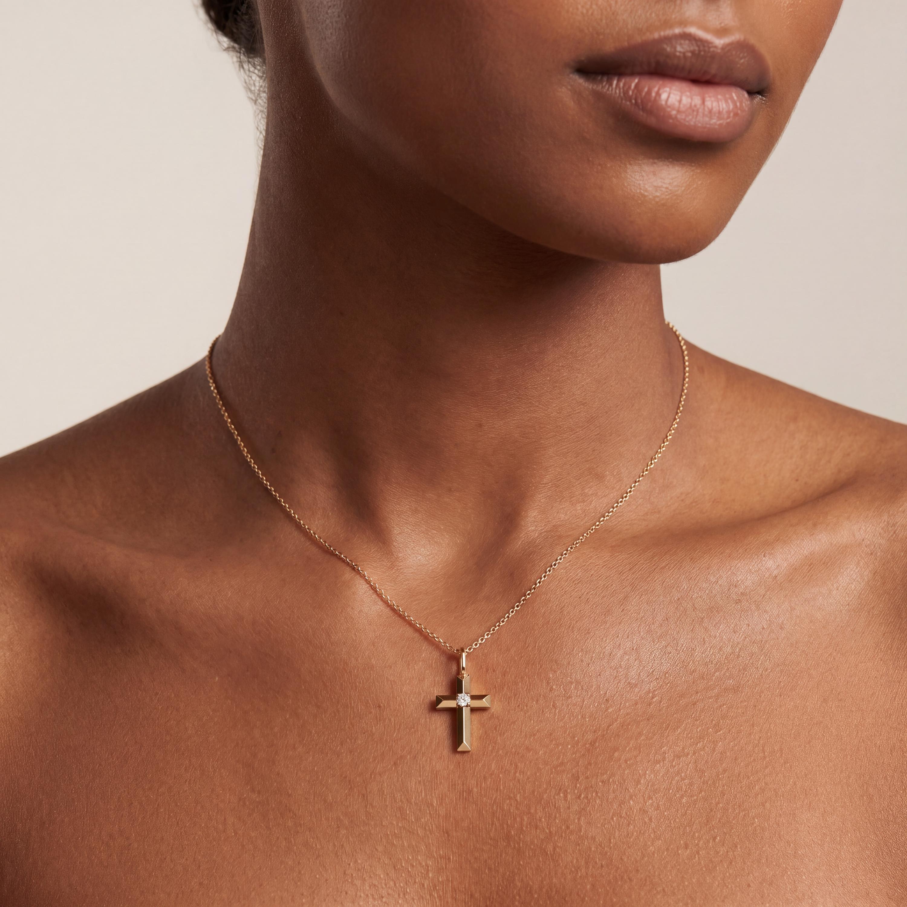 Round Diamond Solitaire Prong Set Cross 14K Solid Gold Pendant Necklace