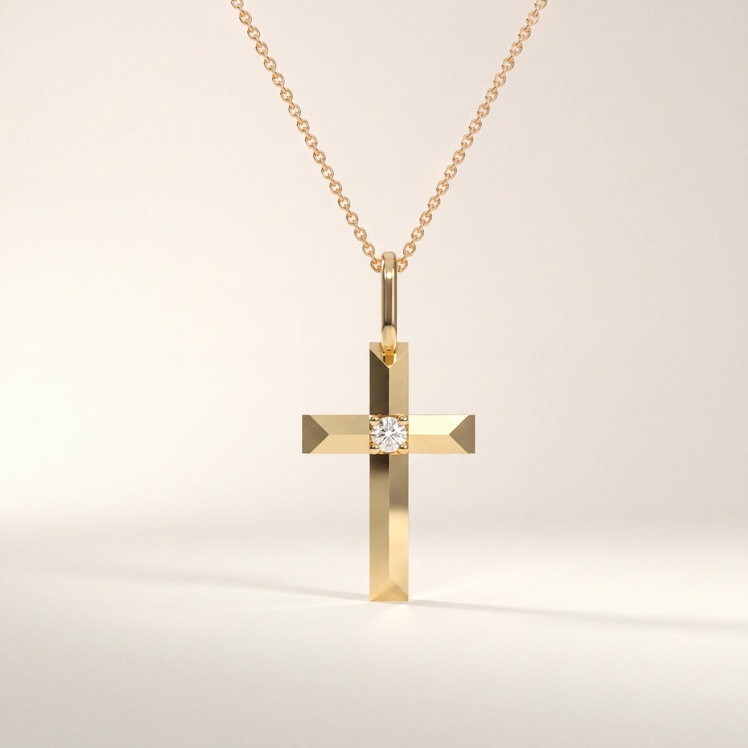Round Diamond Solitaire Prong Set Cross 14K Solid Gold Pendant Necklace