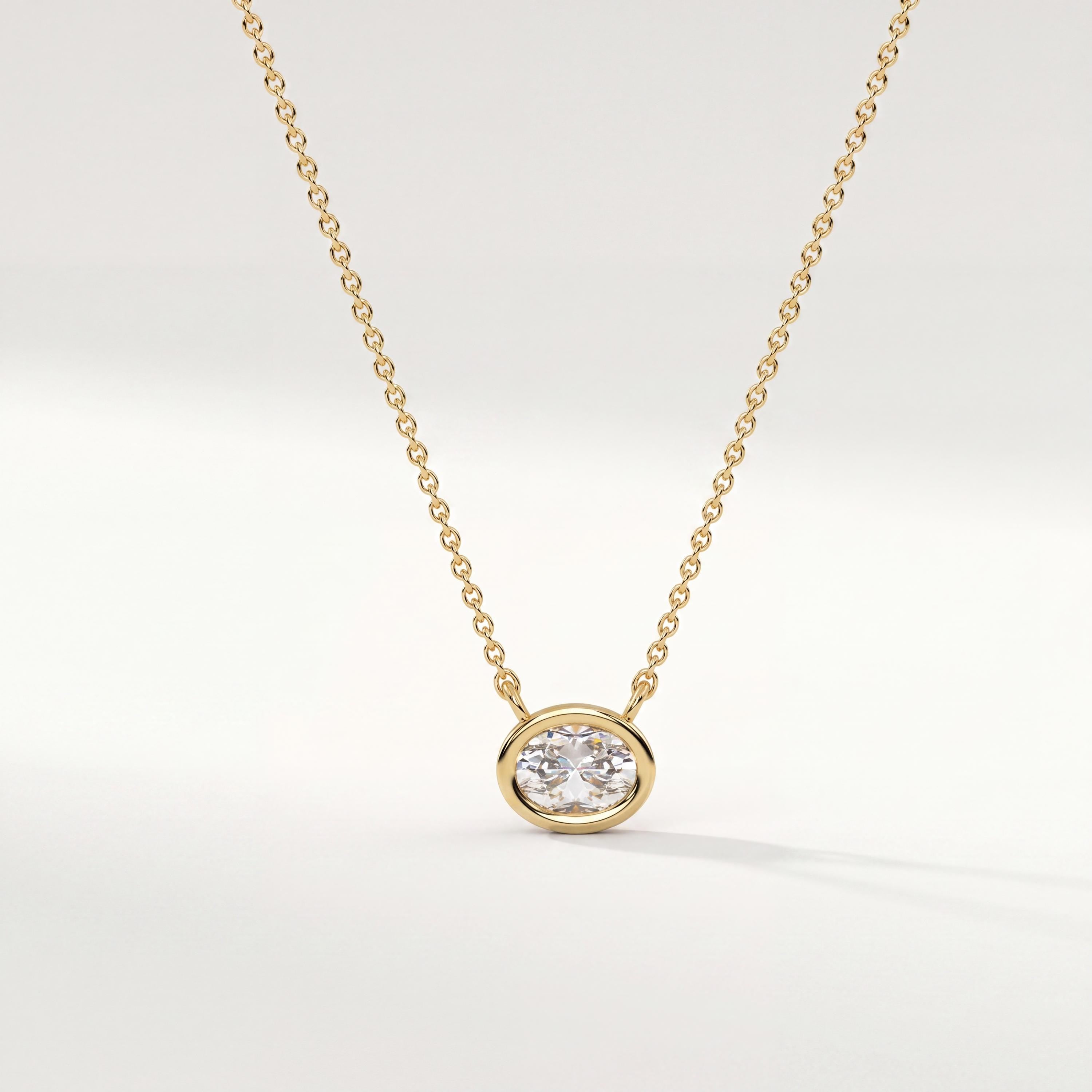 Oval Cut Diamond Bezel Set Dainty Solitaire 14K Solid Gold Pendant Necklace