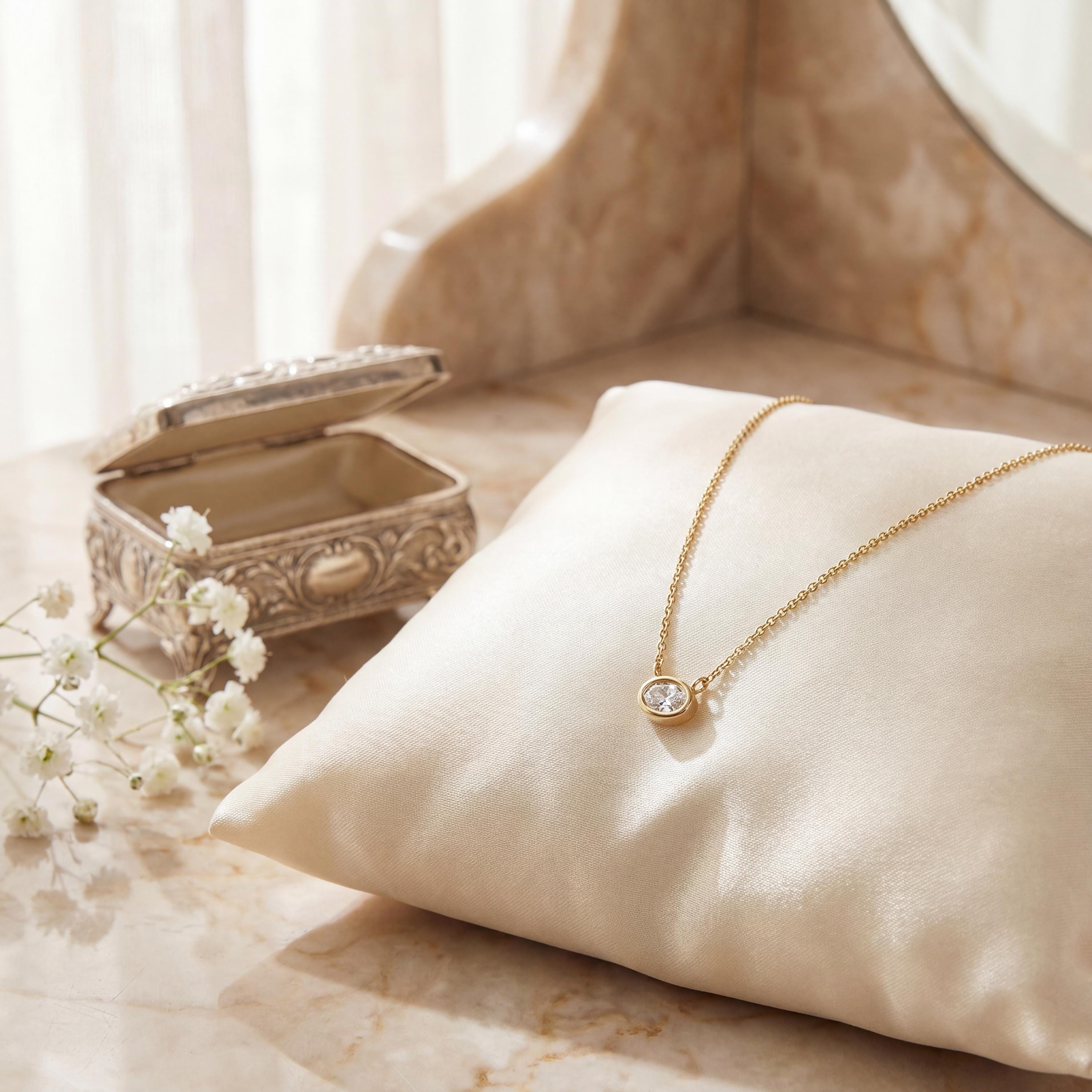 Oval Cut Diamond Bezel Set Dainty Solitaire 14K Solid Gold Pendant Necklace