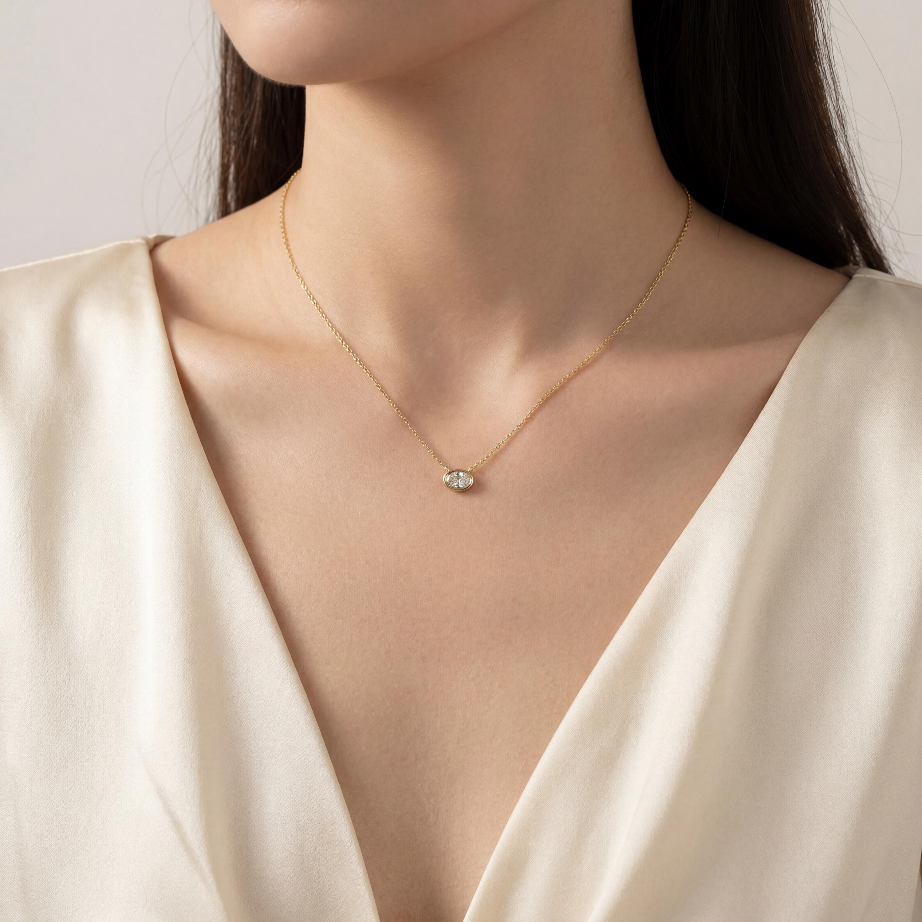 Oval Cut Diamond Bezel Set Dainty Solitaire 14K Solid Gold Pendant Necklace