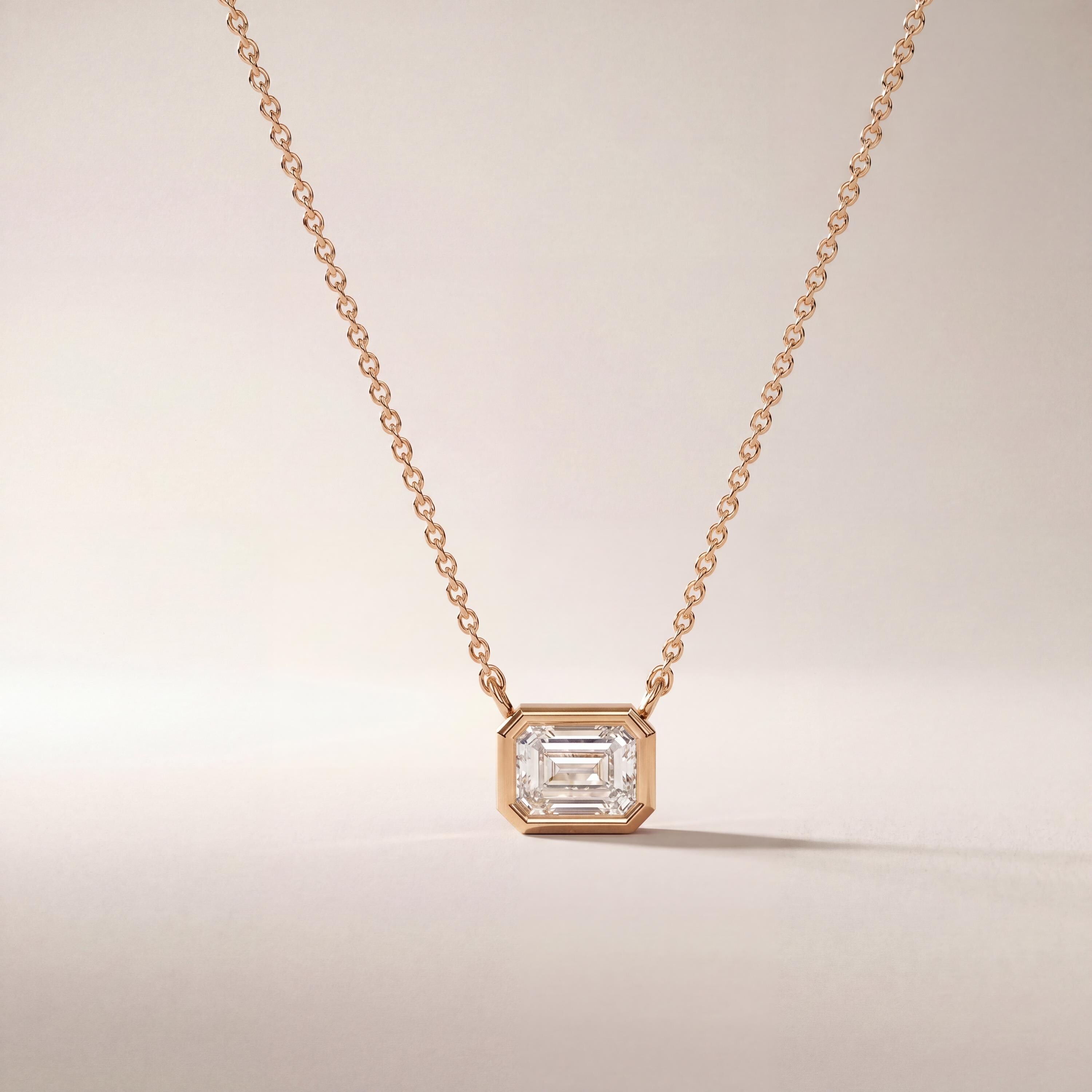 Emerald Cut Diamond Bezel Set Dainty Solitaire 14K Solid Gold Pendant Necklace