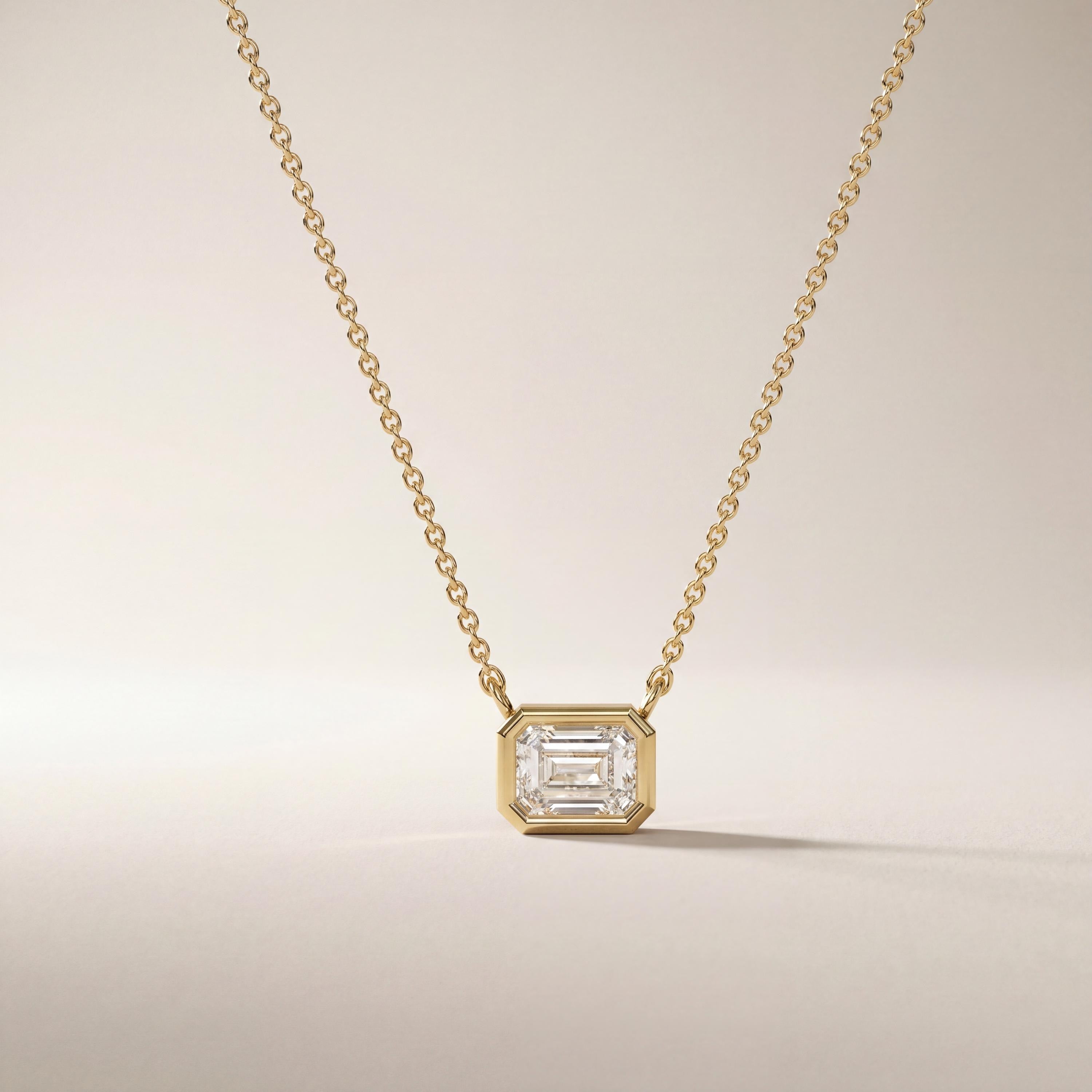 Emerald Cut Diamond Bezel Set Dainty Solitaire 14K Solid Gold Pendant Necklace