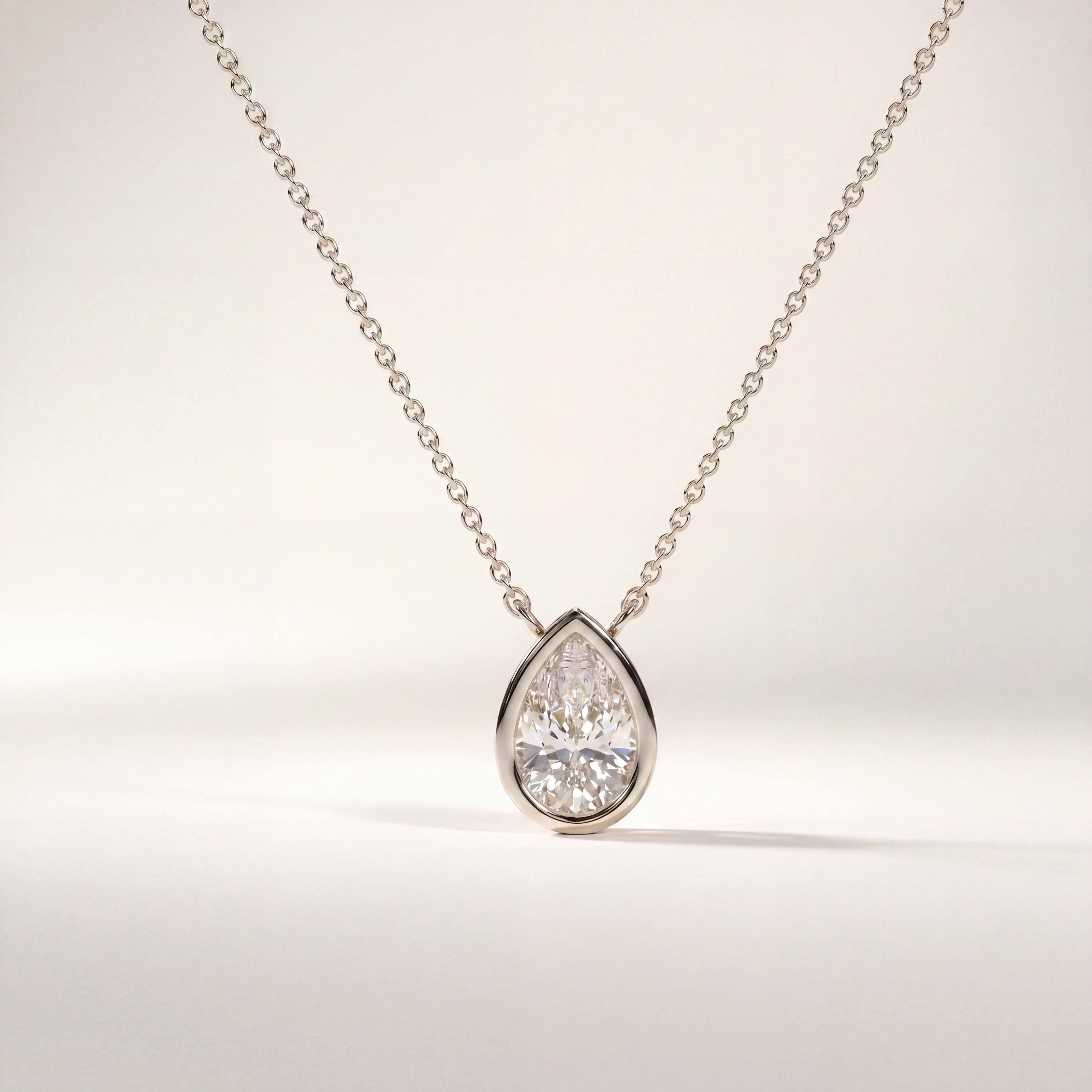 Pear Shape Diamond Bezel Set Dainty Solitaire 14K Solid Gold Pendant Necklace