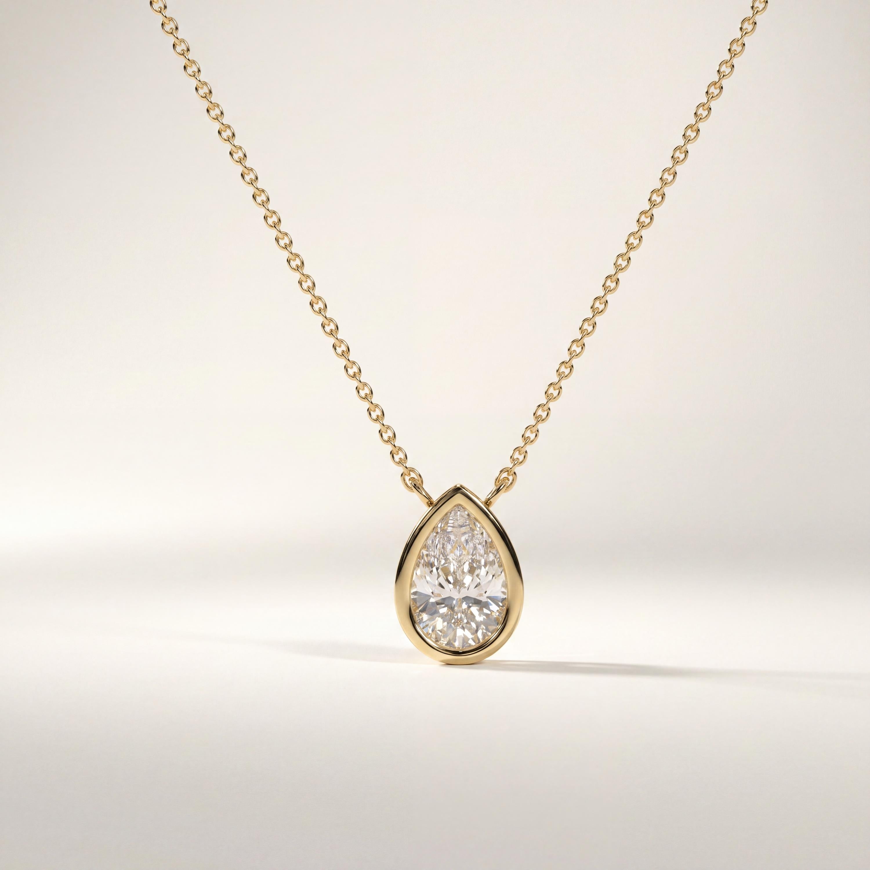 Pear Shape Diamond Bezel Set Dainty Solitaire 14K Solid Gold Pendant Necklace