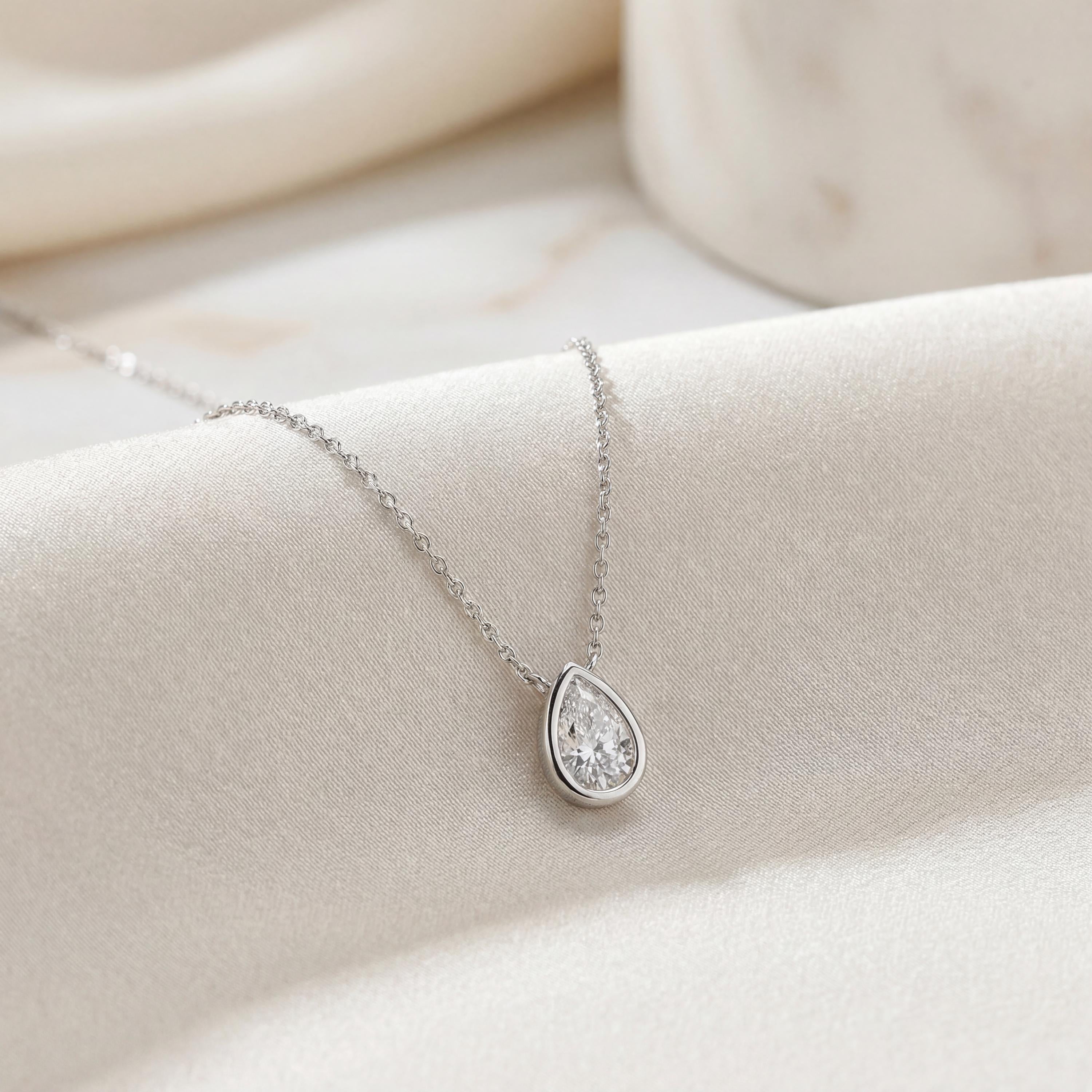 Pear Shape Diamond Bezel Set Dainty Solitaire 14K Solid Gold Pendant Necklace