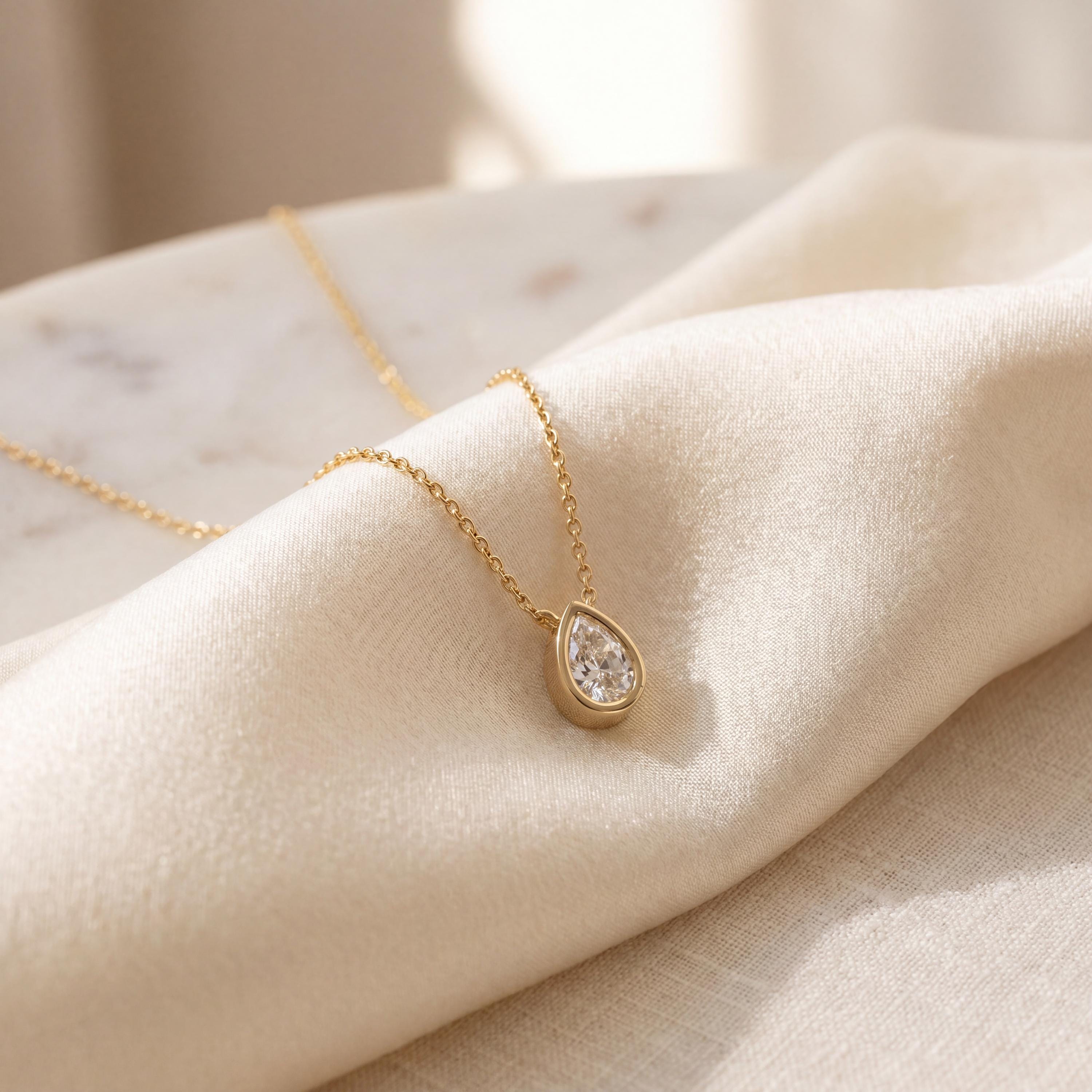 Pear Shape Diamond Bezel Set Dainty Solitaire 14K Solid Gold Pendant Necklace