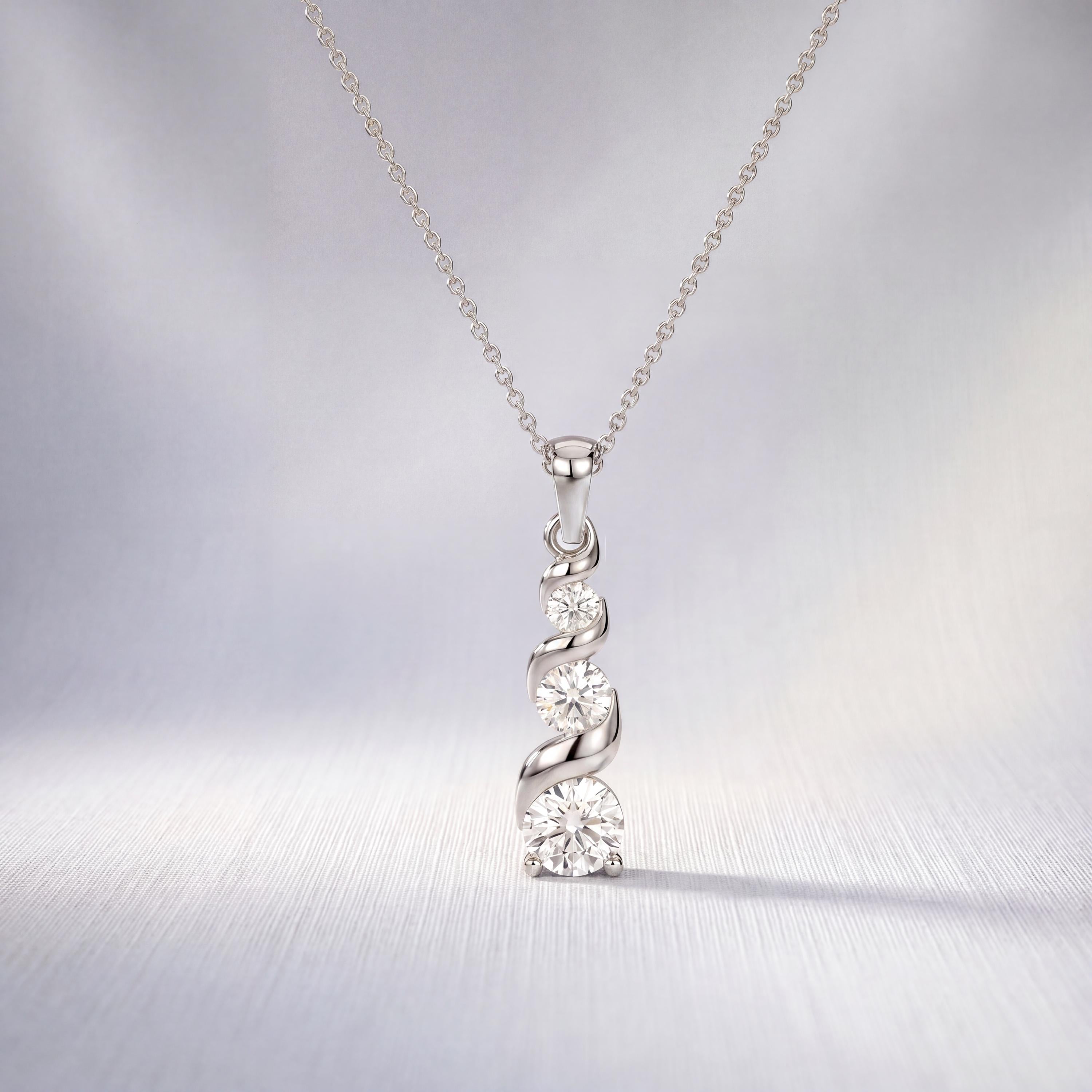 Round Diamond Three Stone Graduated Drop Necklace 14K Solid Gold Pendant