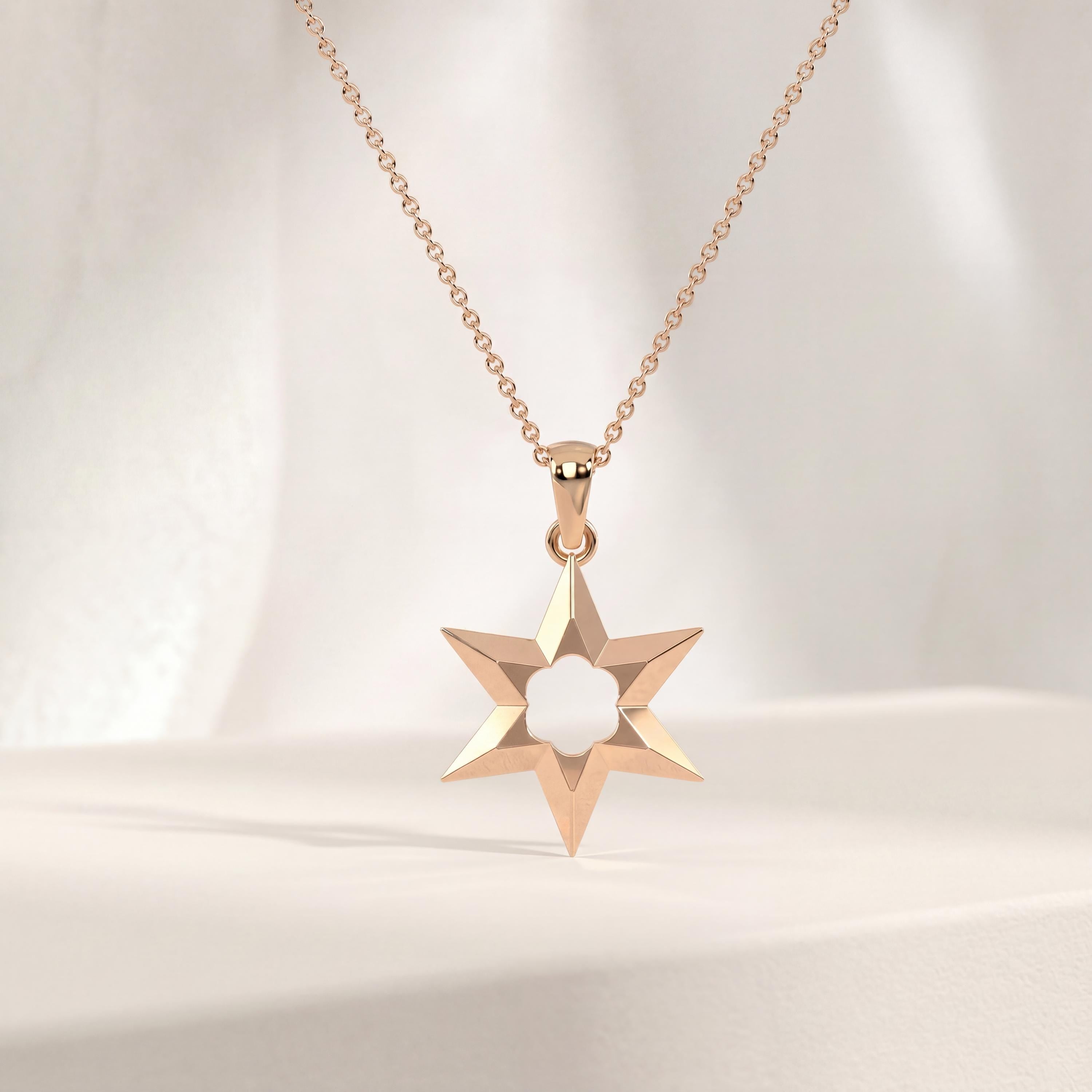 Celestial Dainty Modern Star 14K Solid Gold Pendant Necklace