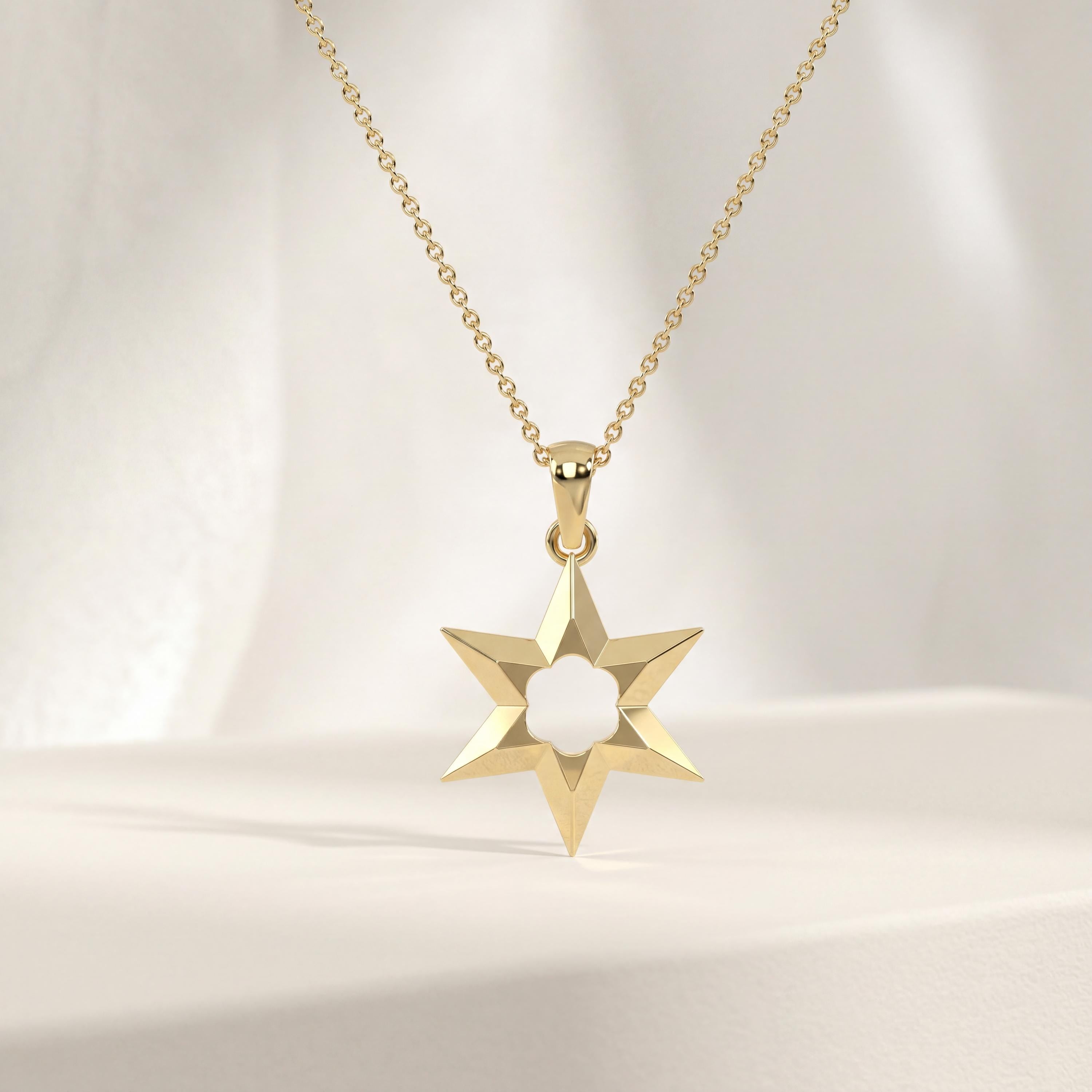 Celestial Dainty Modern Star 14K Solid Gold Pendant Necklace