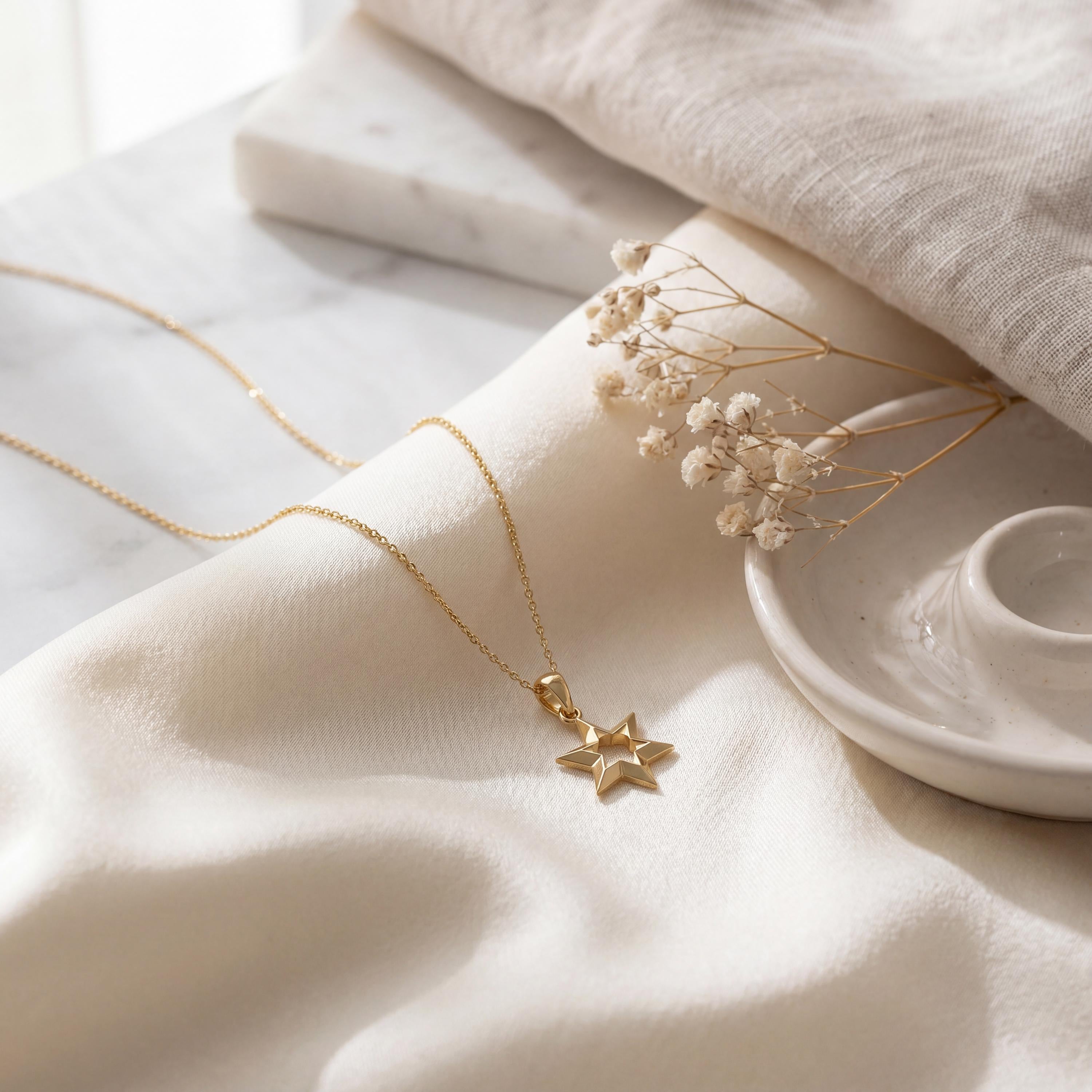 Celestial Dainty Modern Star 14K Solid Gold Pendant Necklace