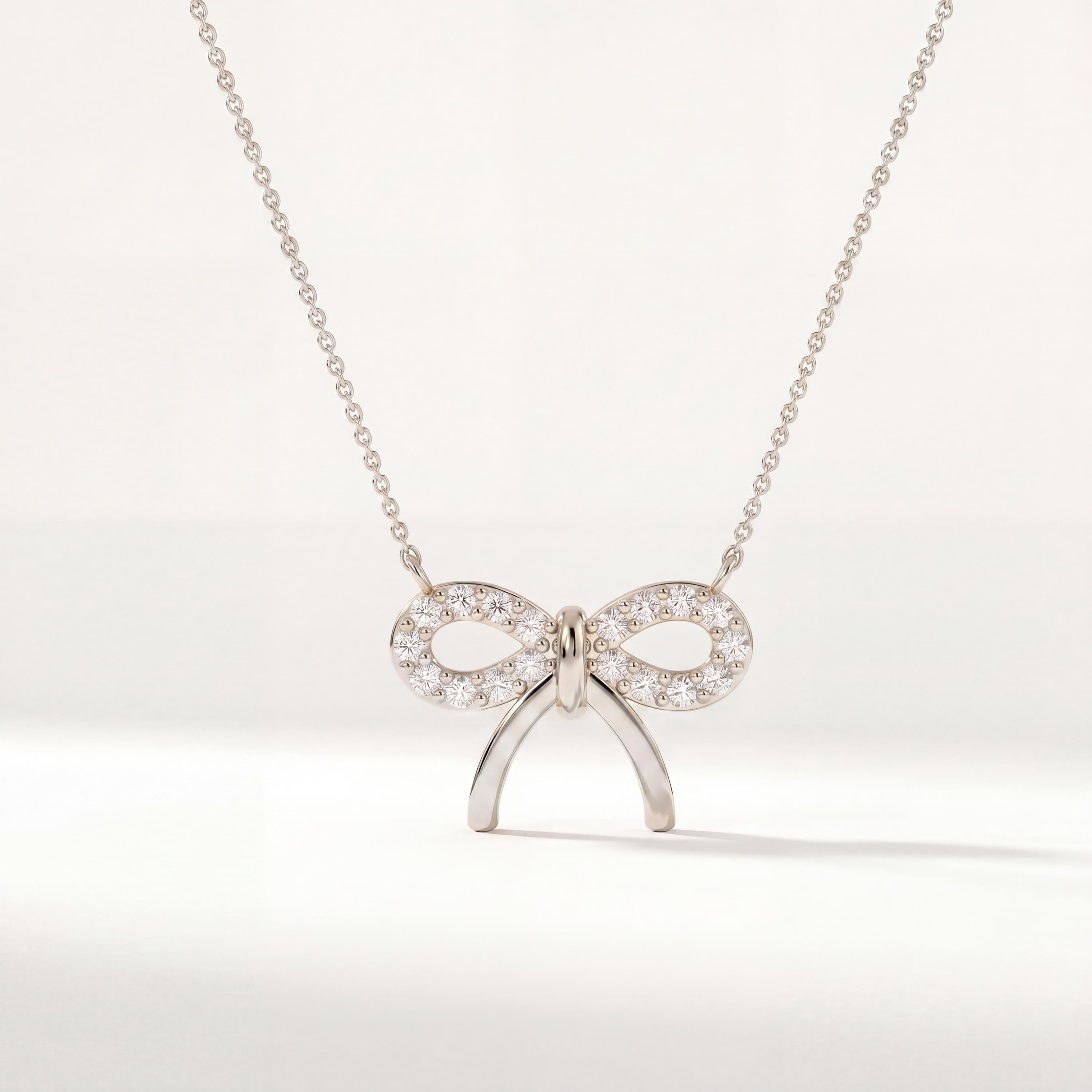 Round Pave Diamond Dainty Bow 14K Solid Gold Pendant Necklace