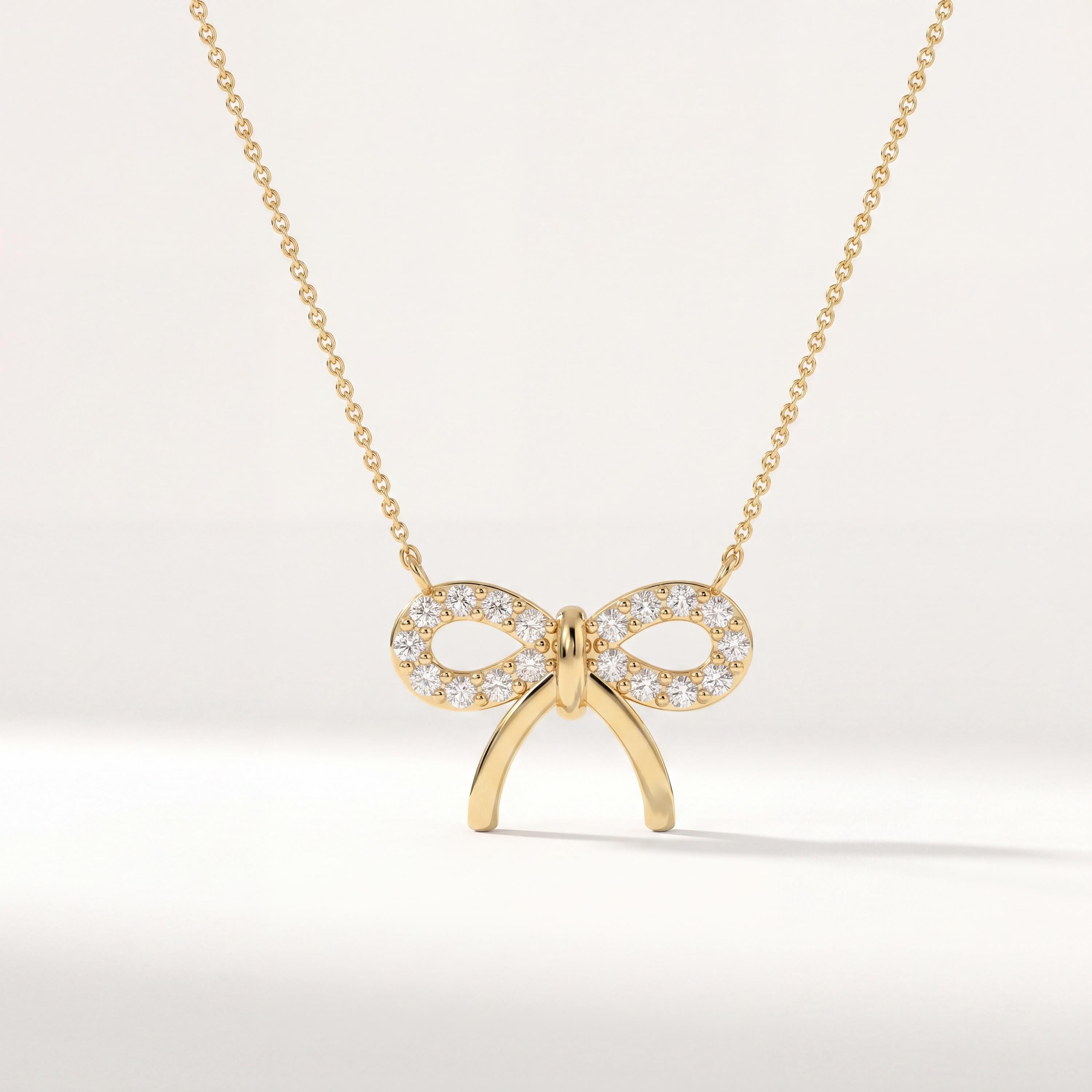 Round Pave Diamond Dainty Bow 14K Solid Gold Pendant Necklace
