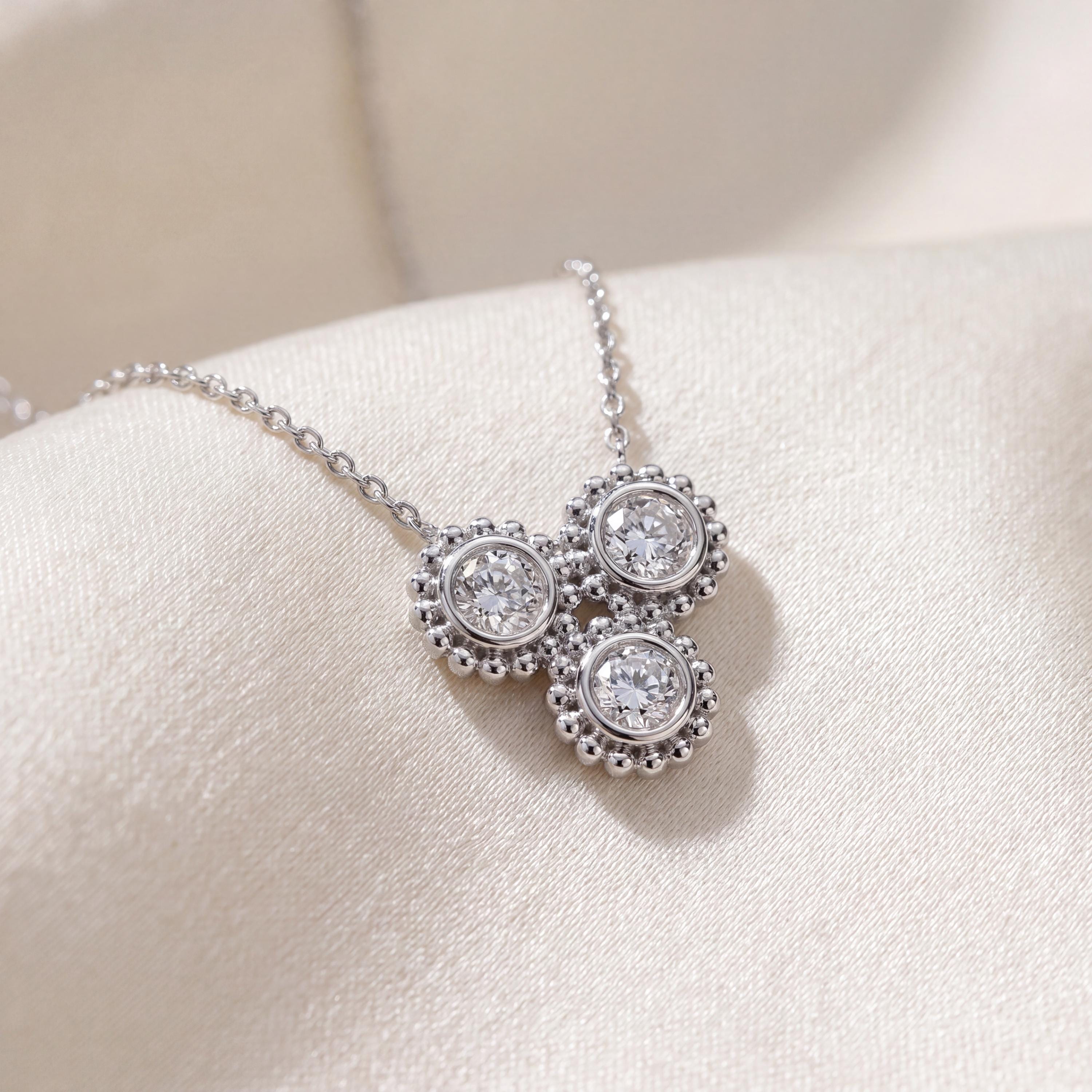 Round Diamond Three Stone Beaded Dainty Necklace 14K Solid Gold Pendant